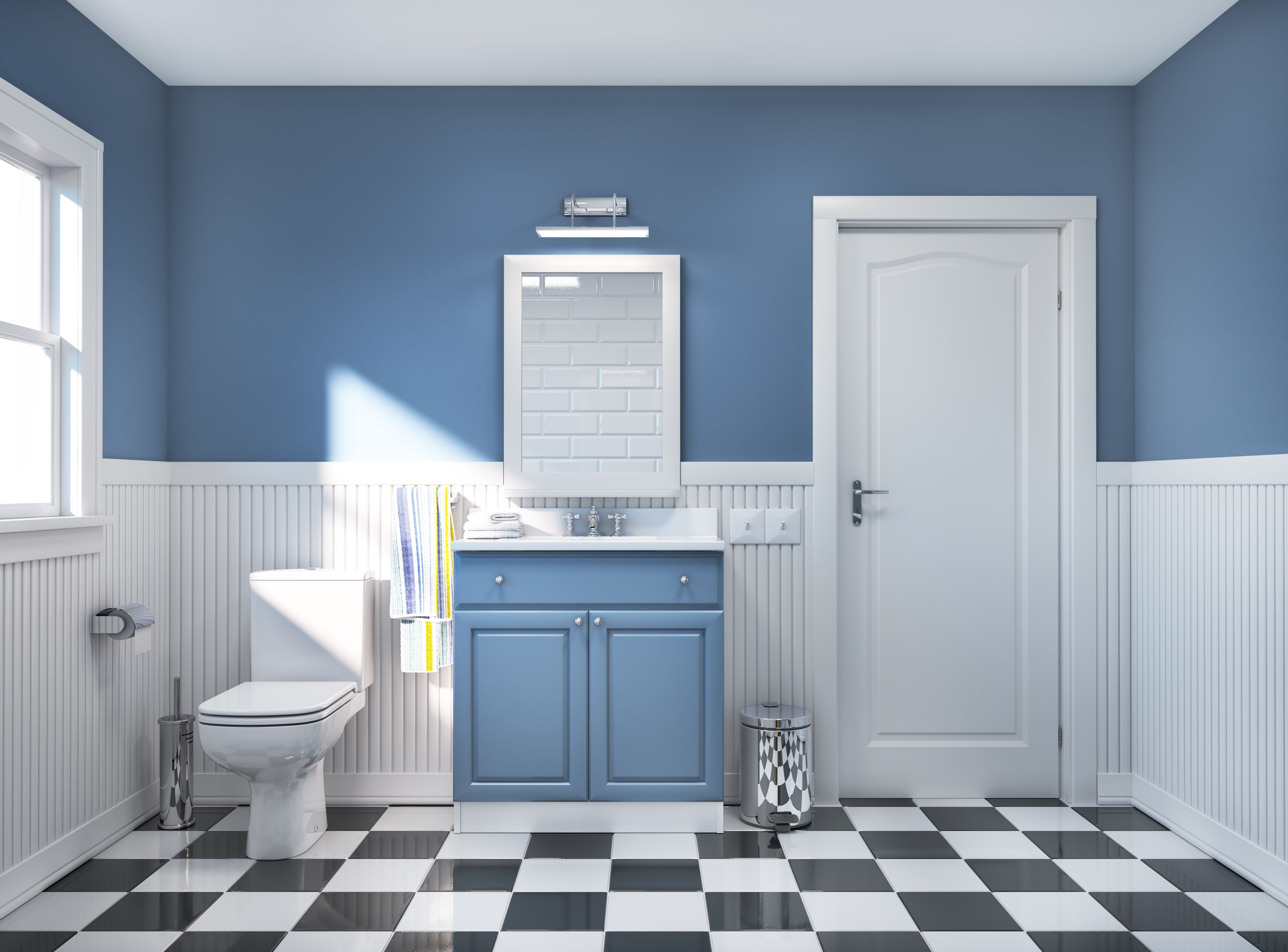 American style bathroom interior with a blue walls and checkered floor. 3d illustration