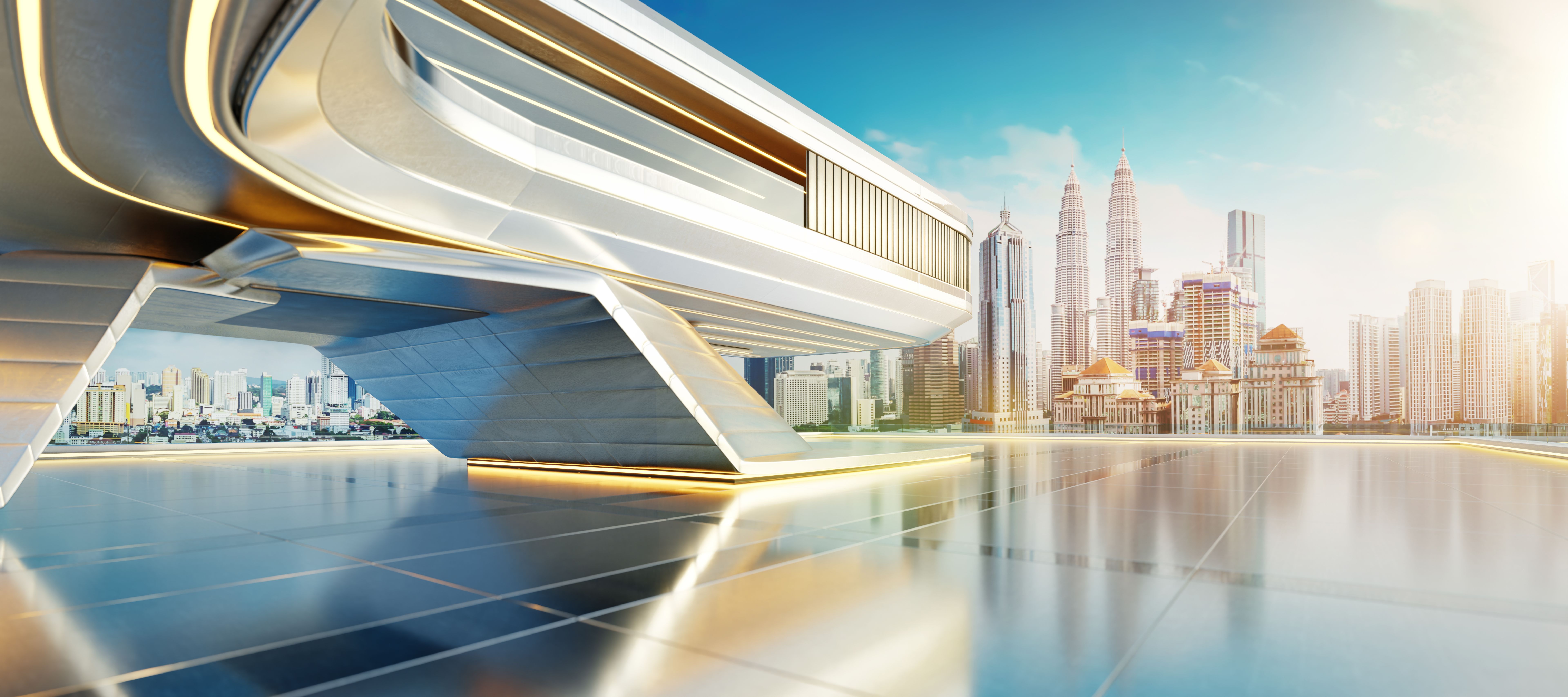 3D Futuristic building overlooking kuala lumpur skyline at sunrise