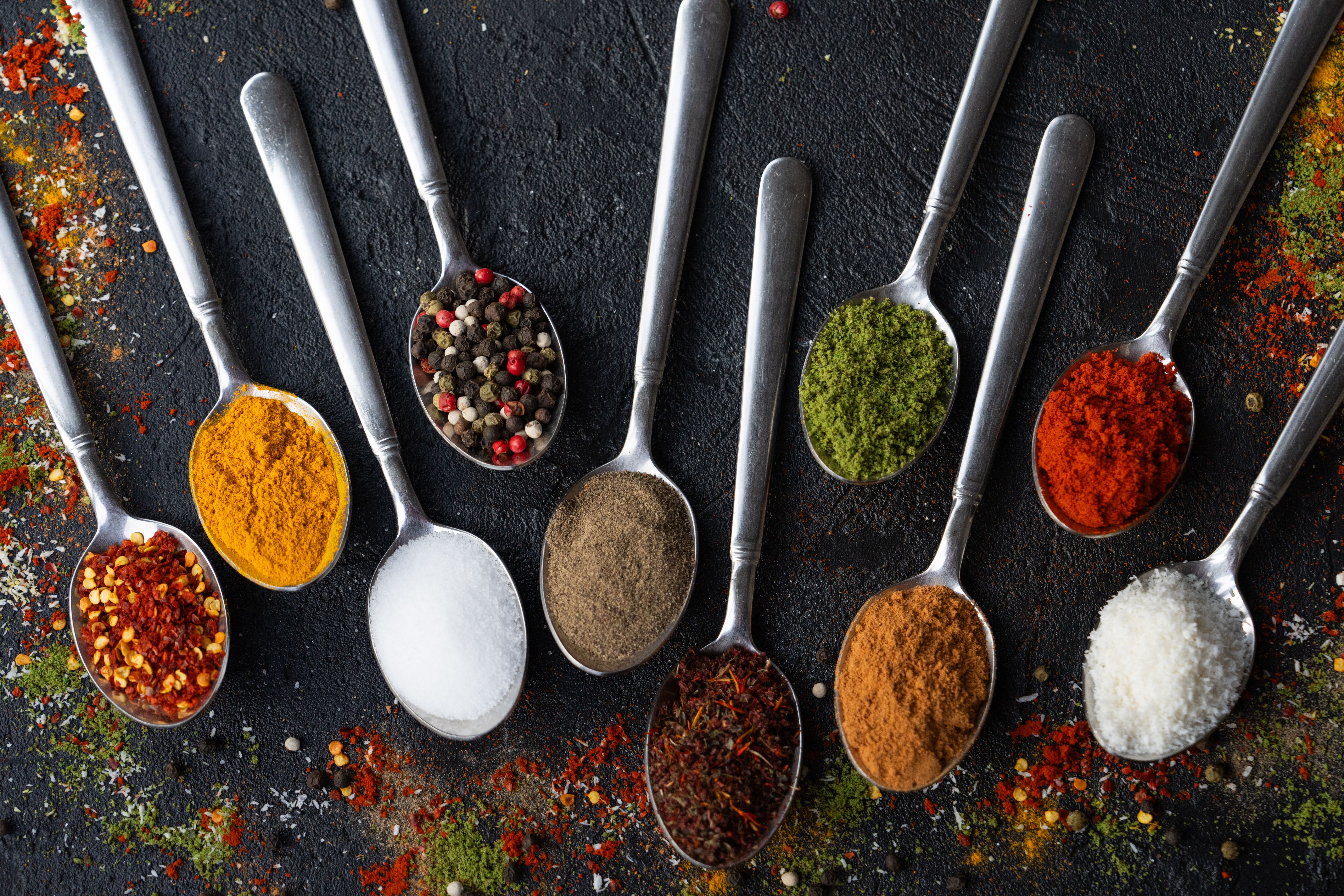 Lentils, Thyme, Cinnamon, Rice, Chickpeas, Red Pepper, Black Pepper, Tarhana, Corn  Various Spices, Legumes and Herbs on Black Background Photo, Uskudar Istanbul, Turkiye (Turkey)