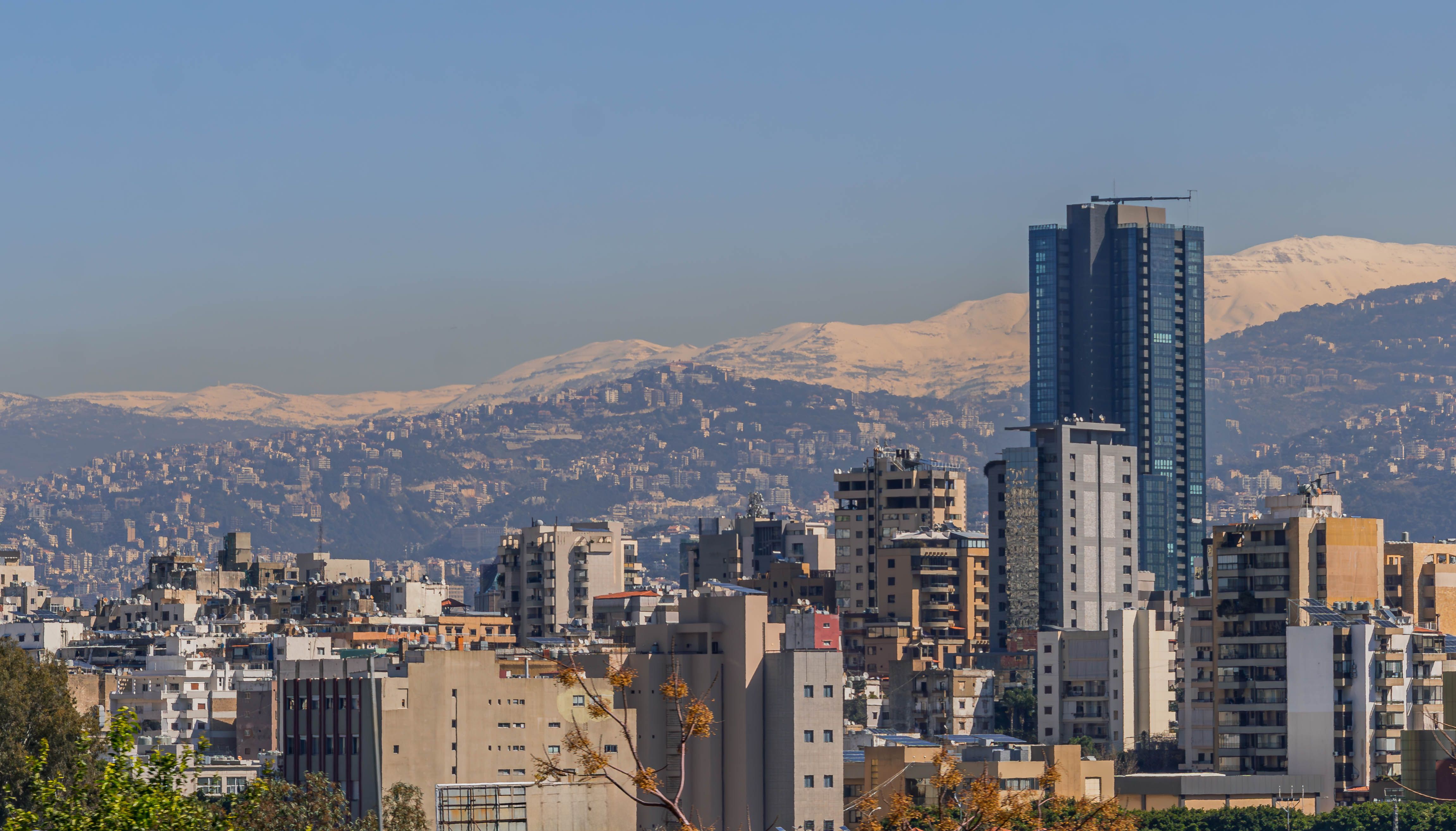 The Beirut panorama view in Lebanon, with the modern skyscrapers, Lebanese architecture and snow covered mountains