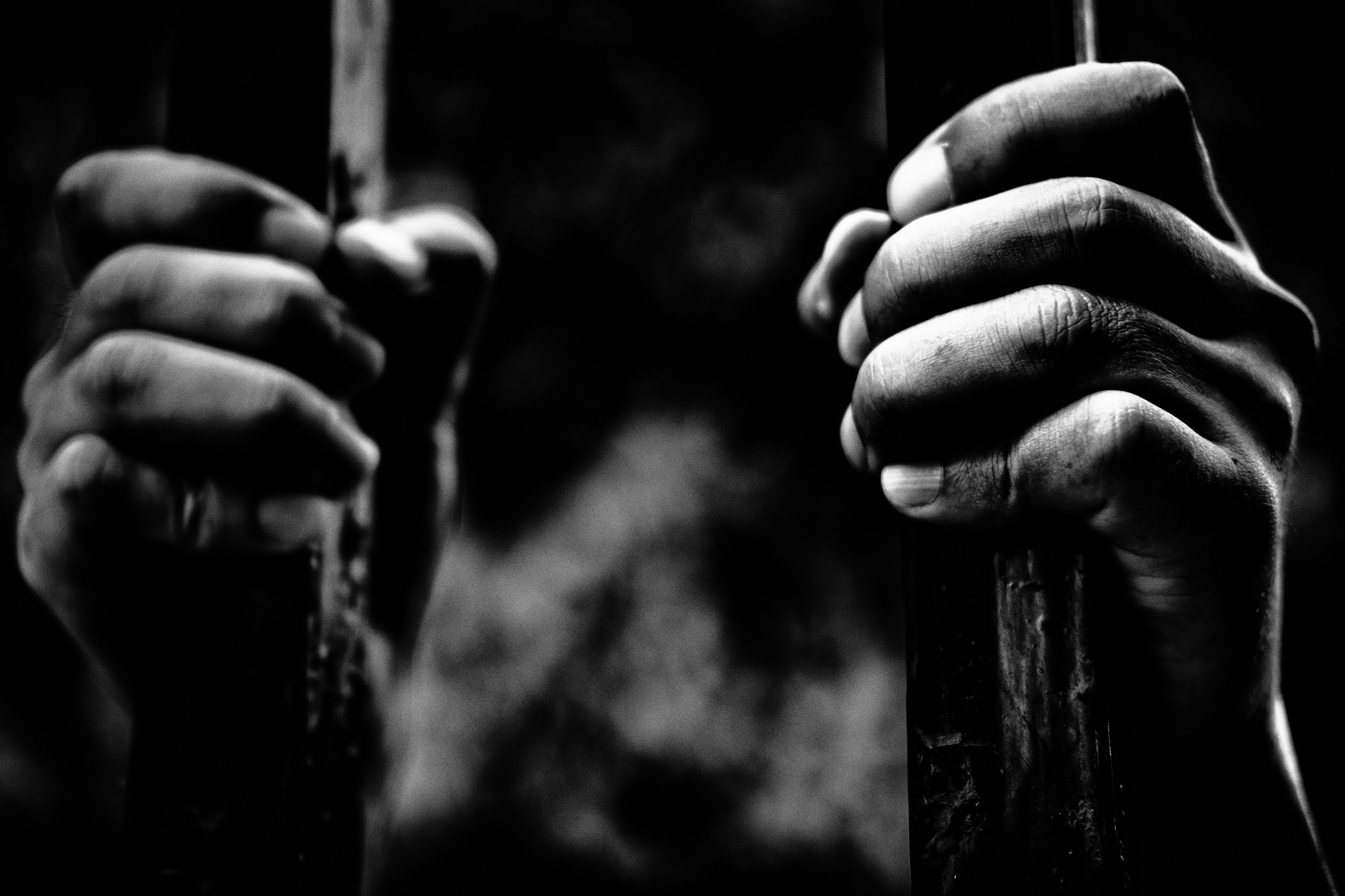 cage, fence, grasp, hand, monochrome, imprisonment