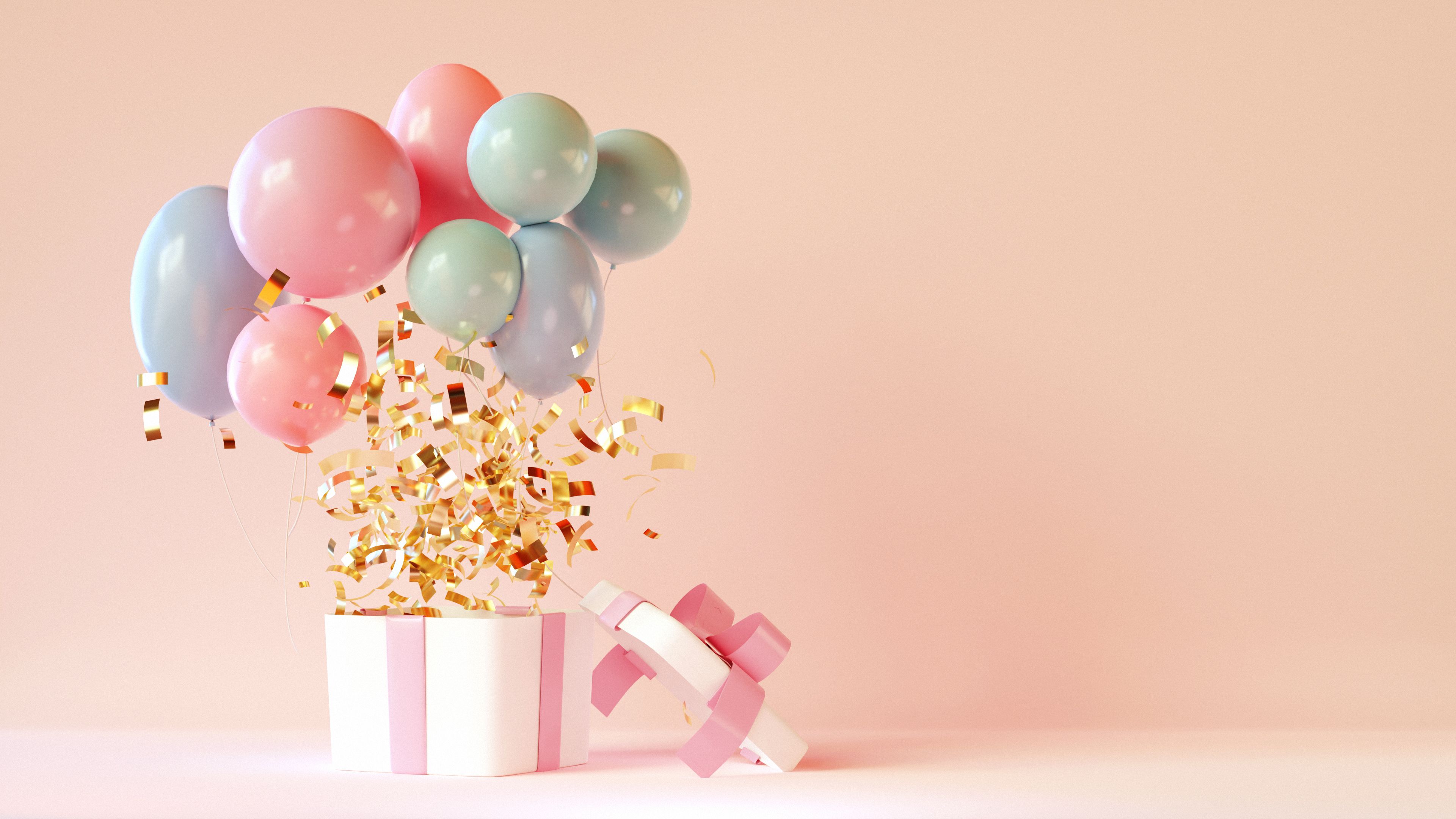 Open gifts box present with balloons and confetti. 3d render Open gifts box present with balloons and confetti. 3d render