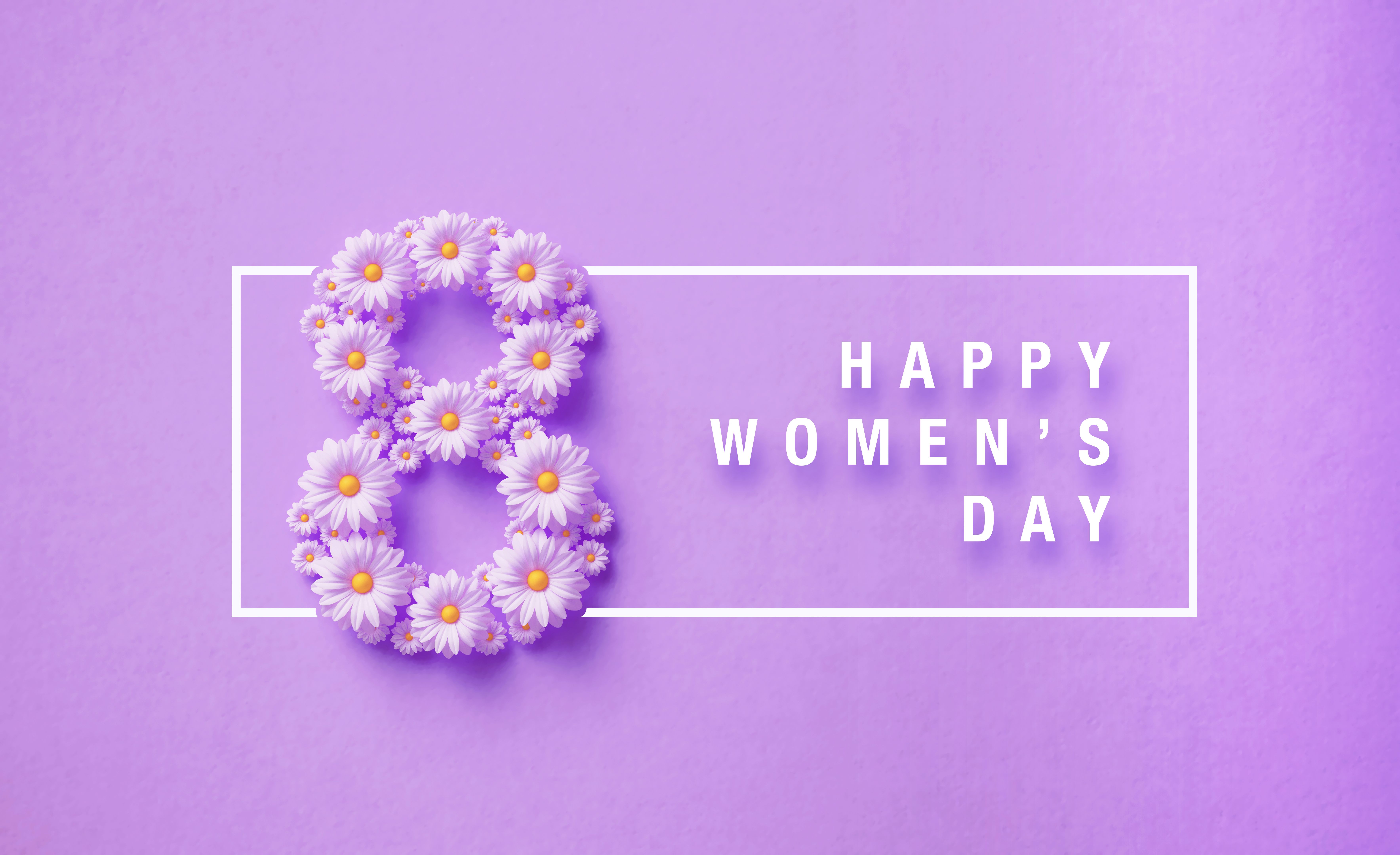 8 March Women's Day Concept - Lilac Daisies Forming March 8 Which Is Sitting Next To Women's Day Message On Lavender Background
