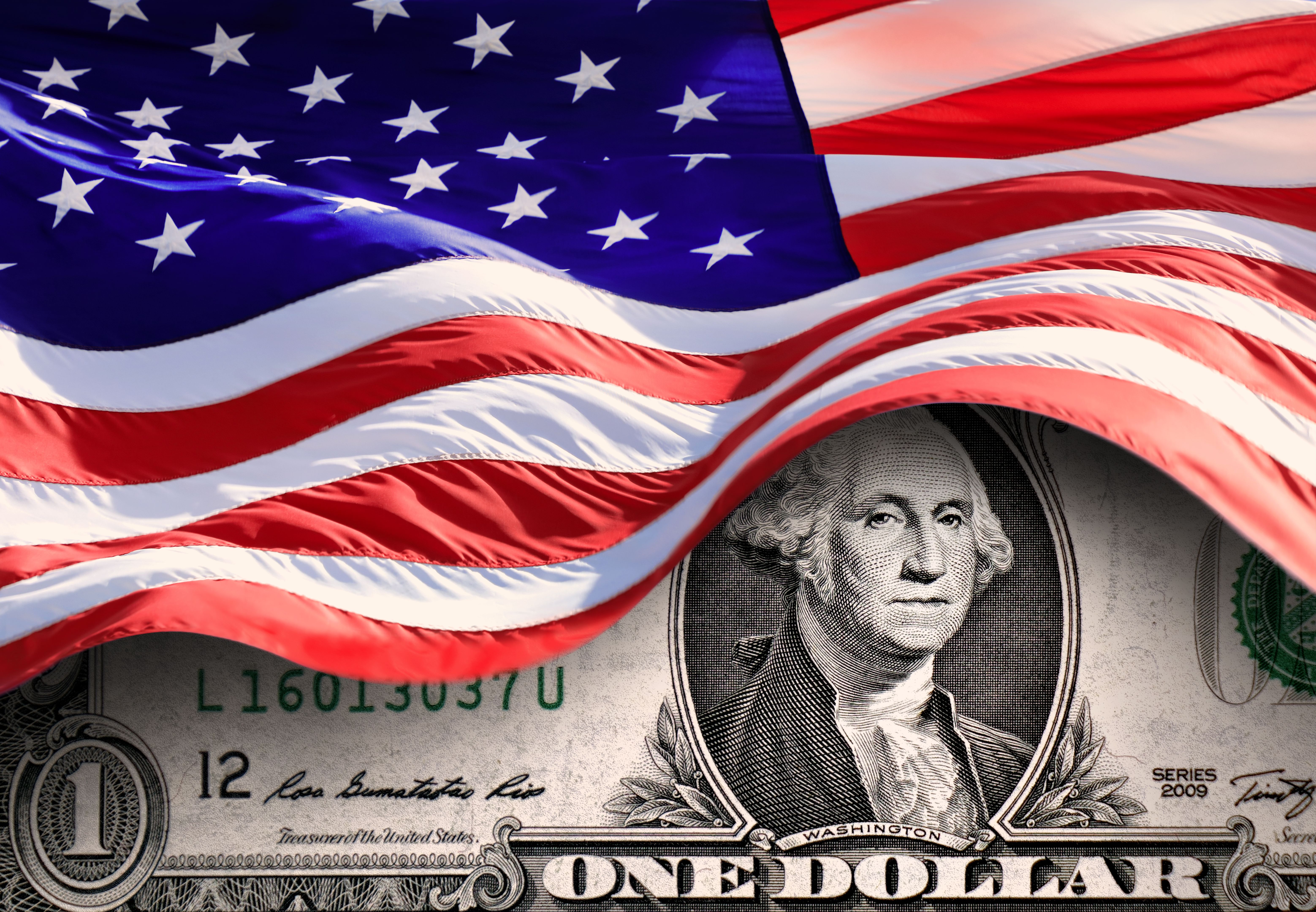 Conceptual American flags and one American dollar bill