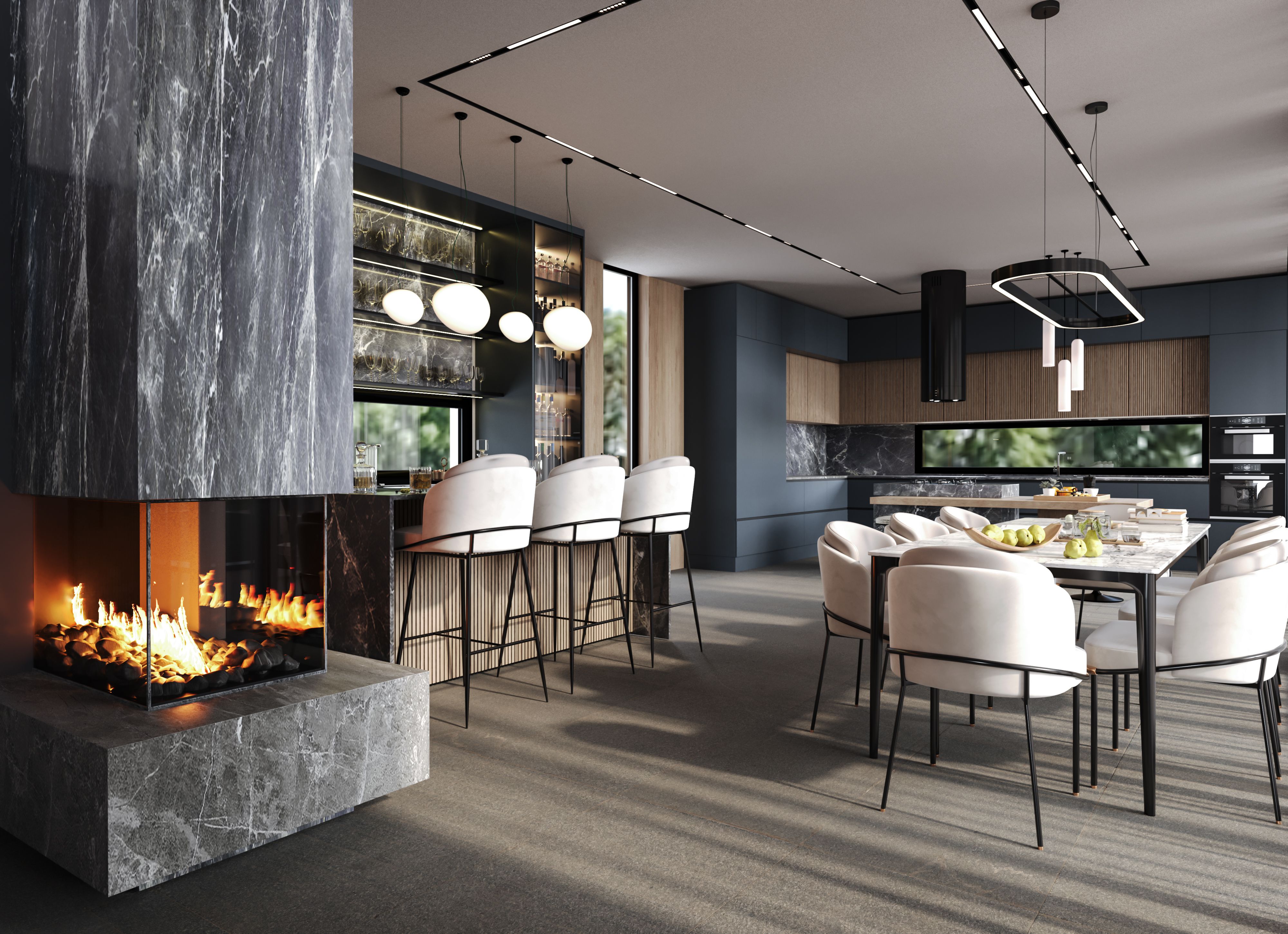 Modern Black and Wood Kitchen , Bar and Dining Room Interior Design. 3D Modelling.