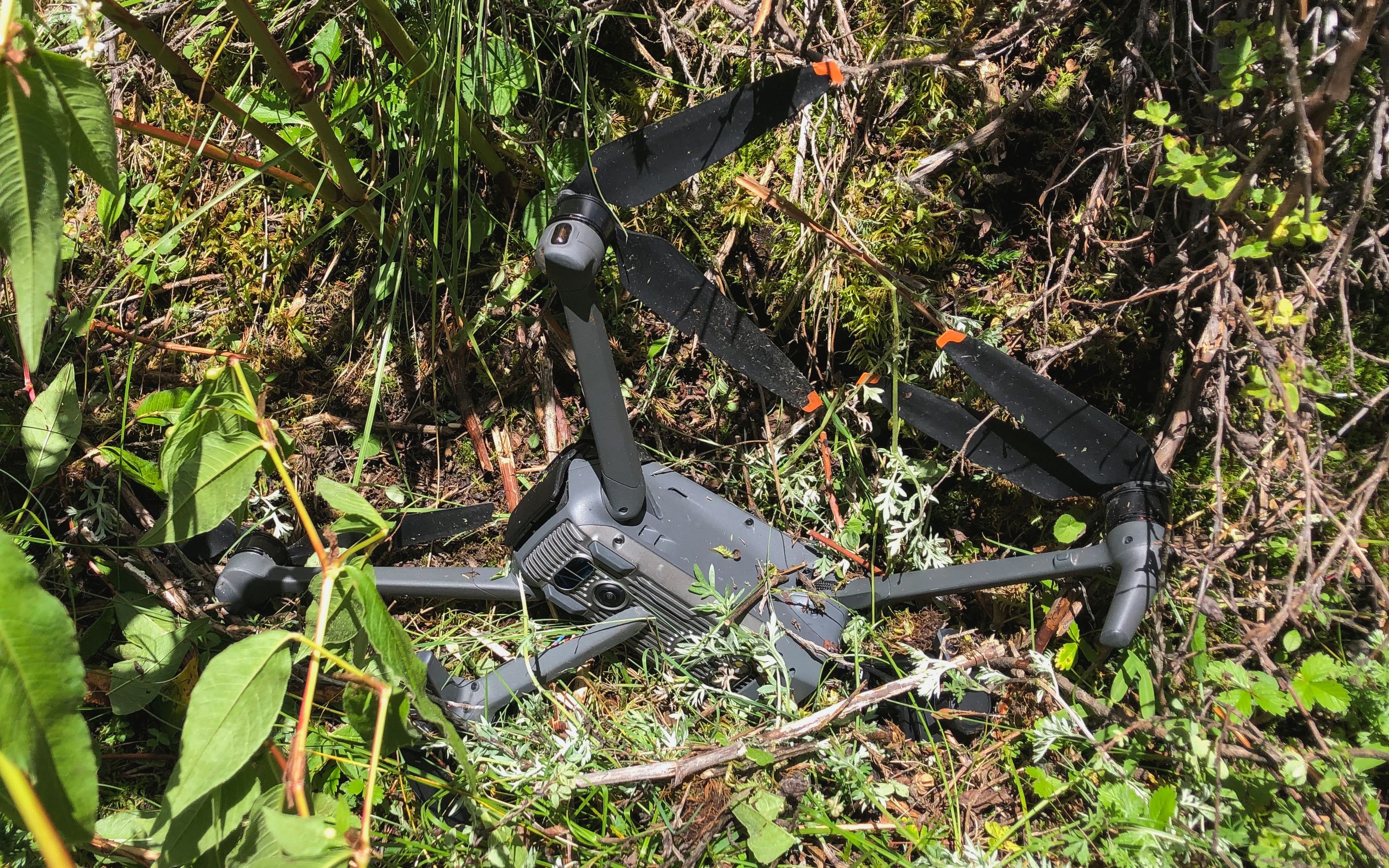 Drone crashed into the ground during flight over high altitude forest, attacked by eagle