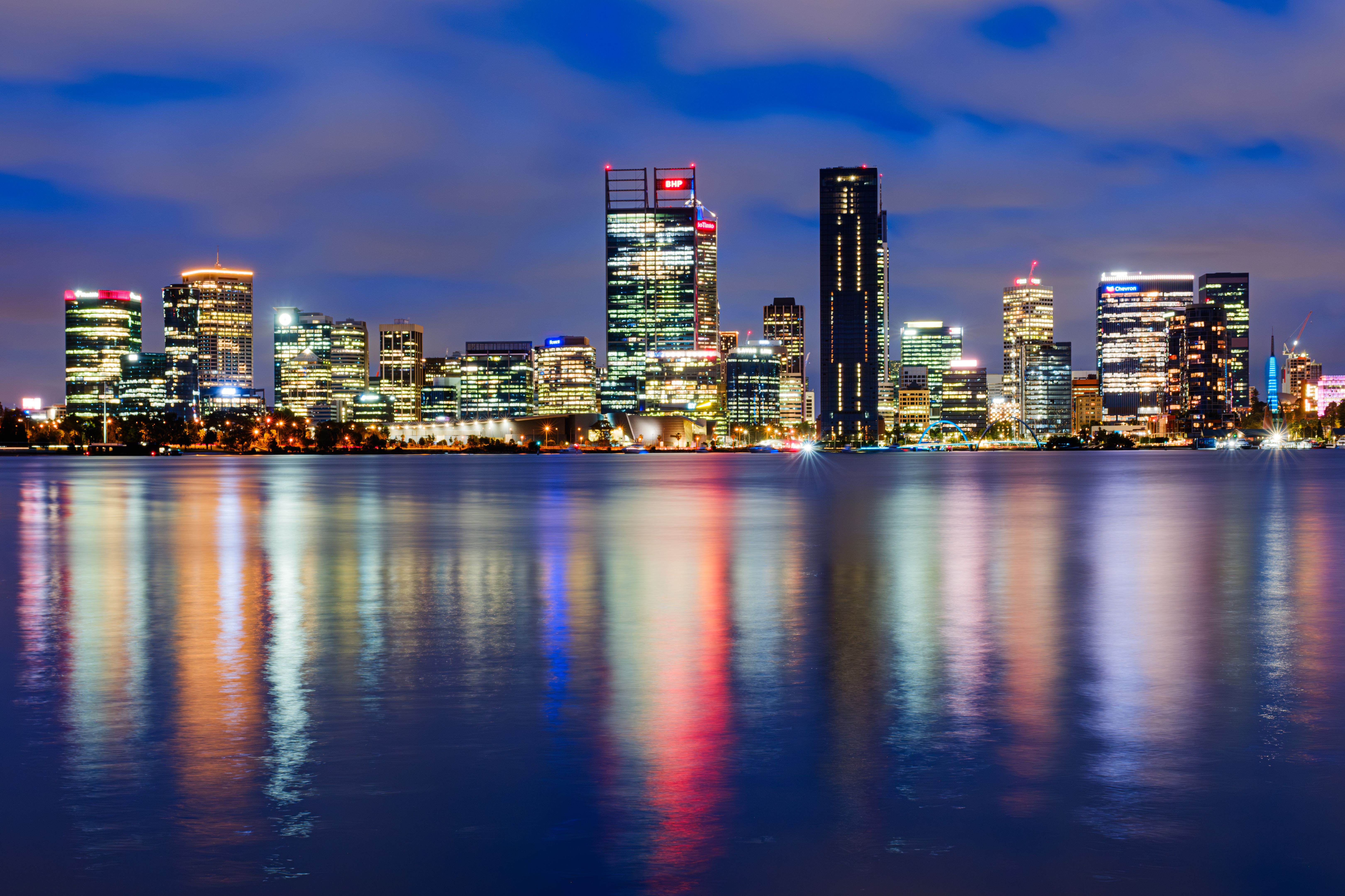 Perth city skyline at night with beautiful reflecion on Swan river
