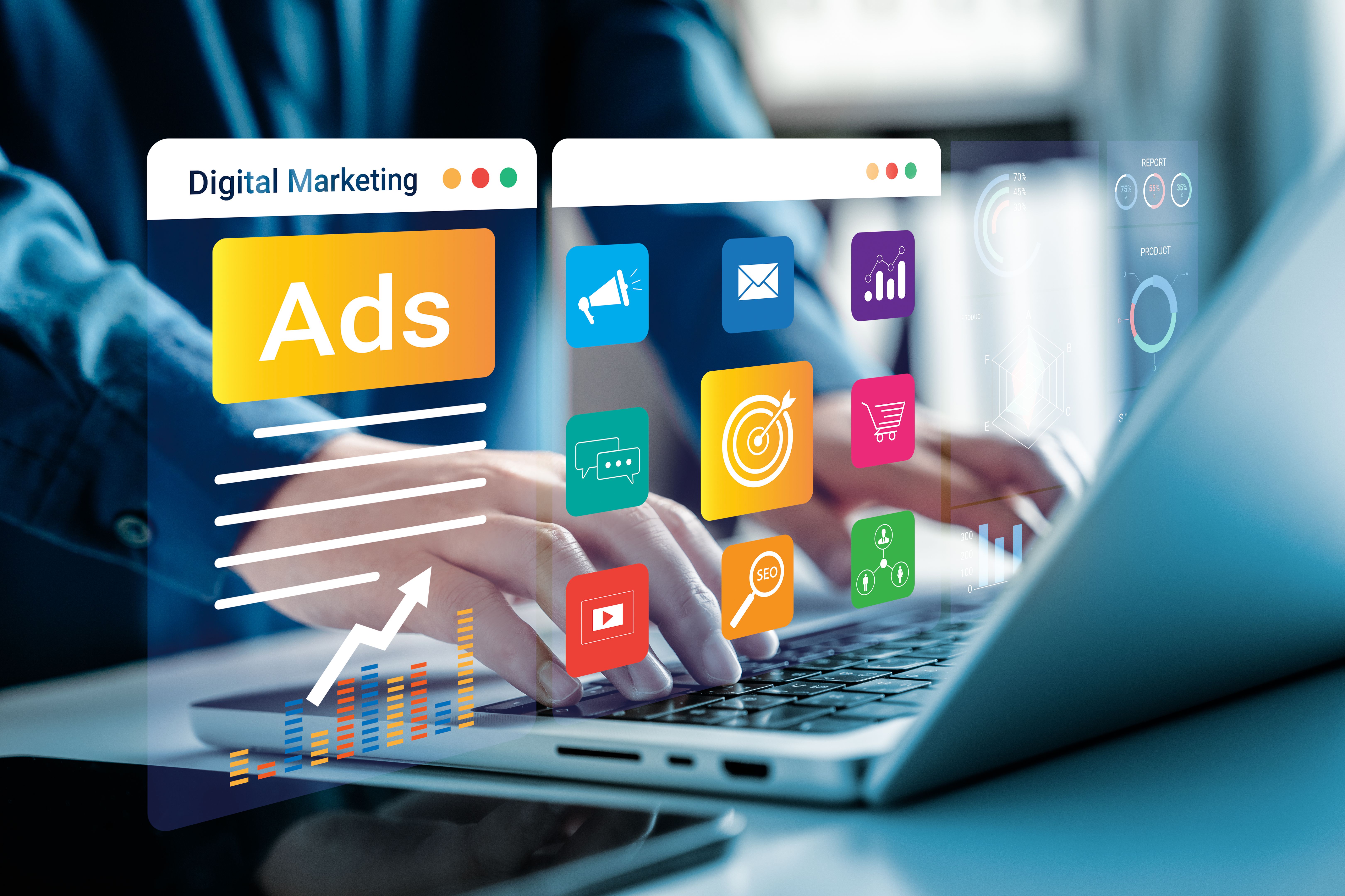 Businessman using digital marketing and online advertising dashboard with marketing strategy icons, analytics data, and SEO tools on screen interface for business growth and campaign performance.