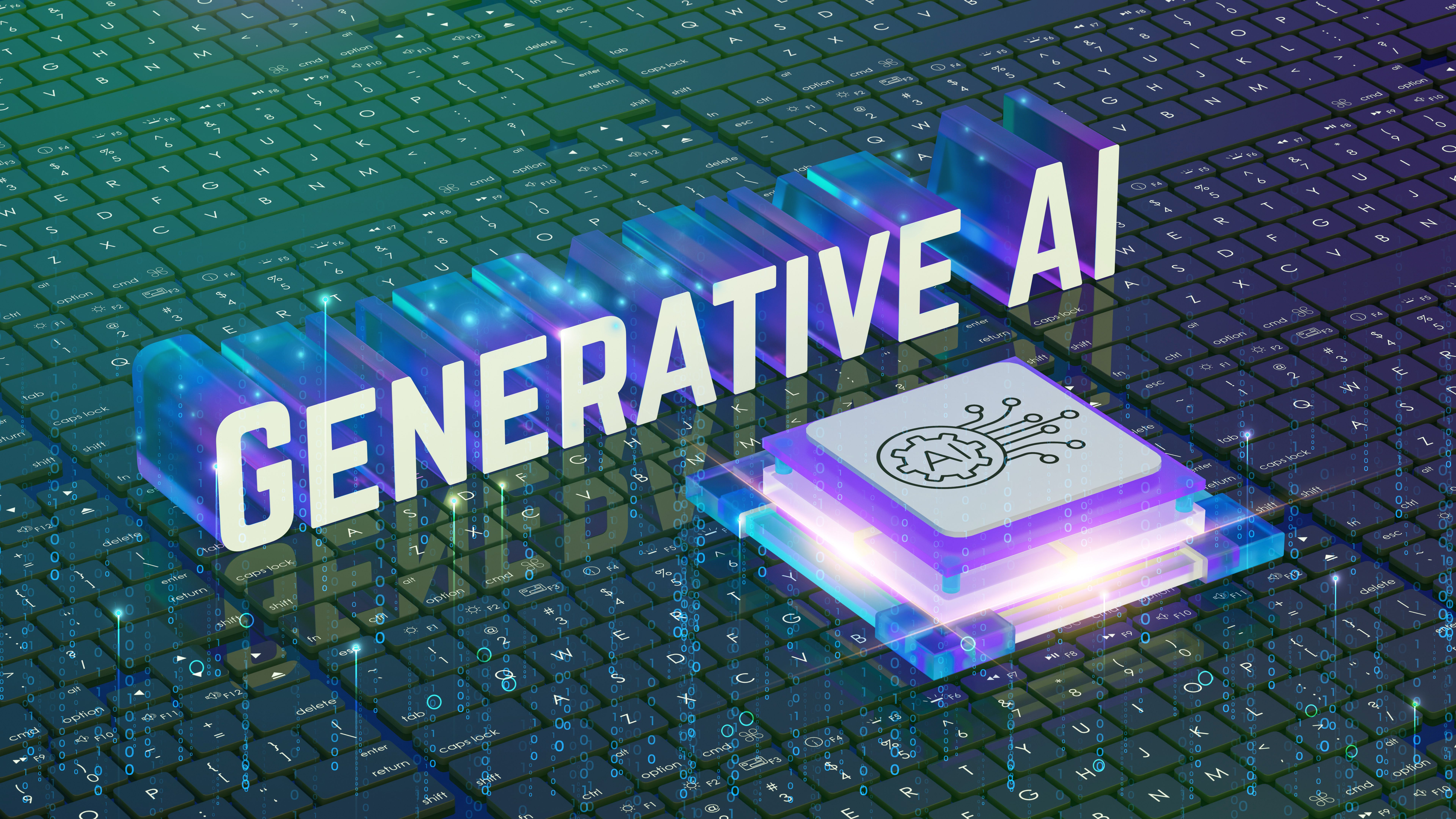 Generative AI concept, holographic display, neon blue and purple glow, AI chip icon, digital, isometric view, 3D render.