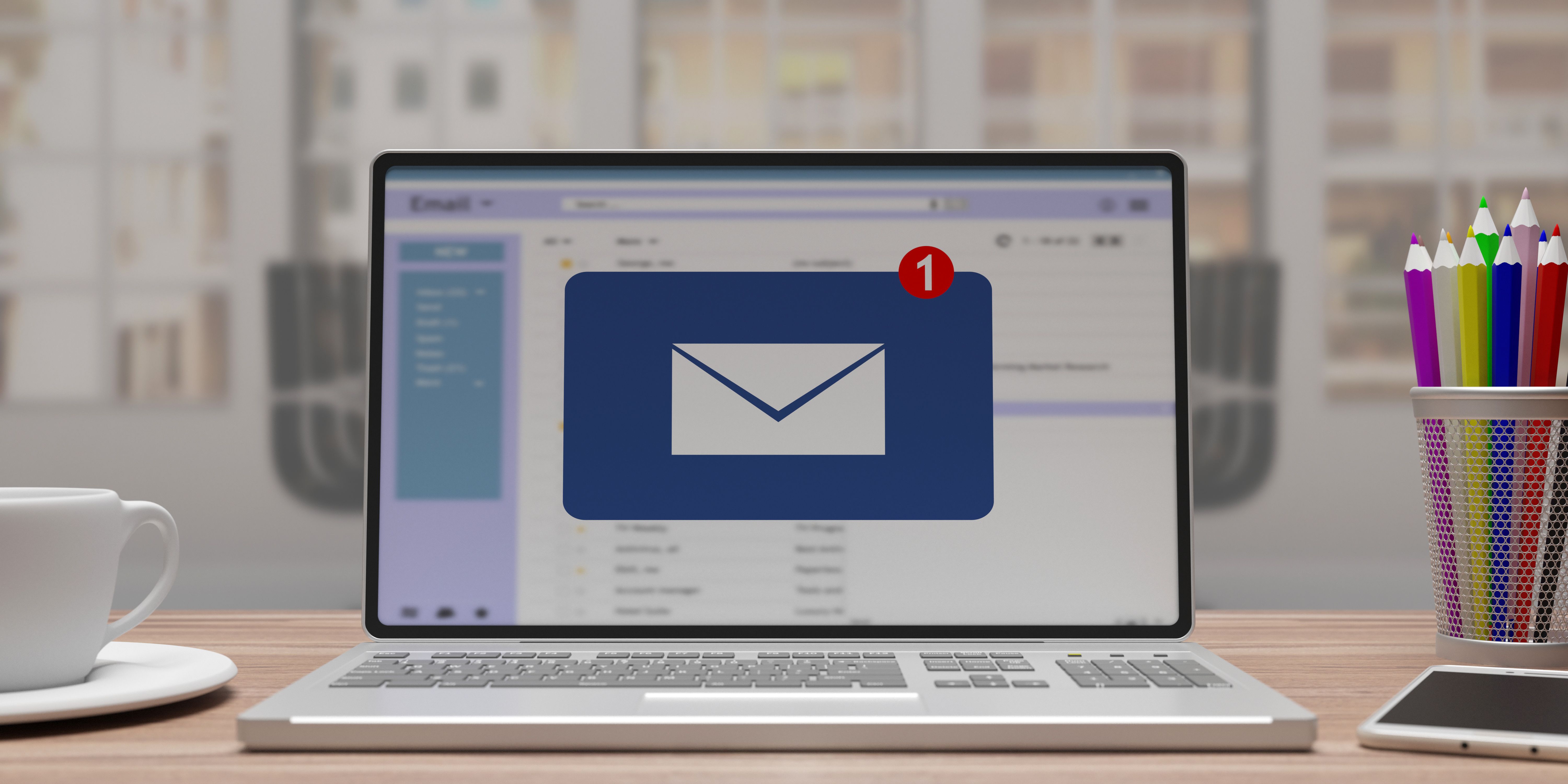 Email message inbox notification on laptop screen, business background. 3d illustration