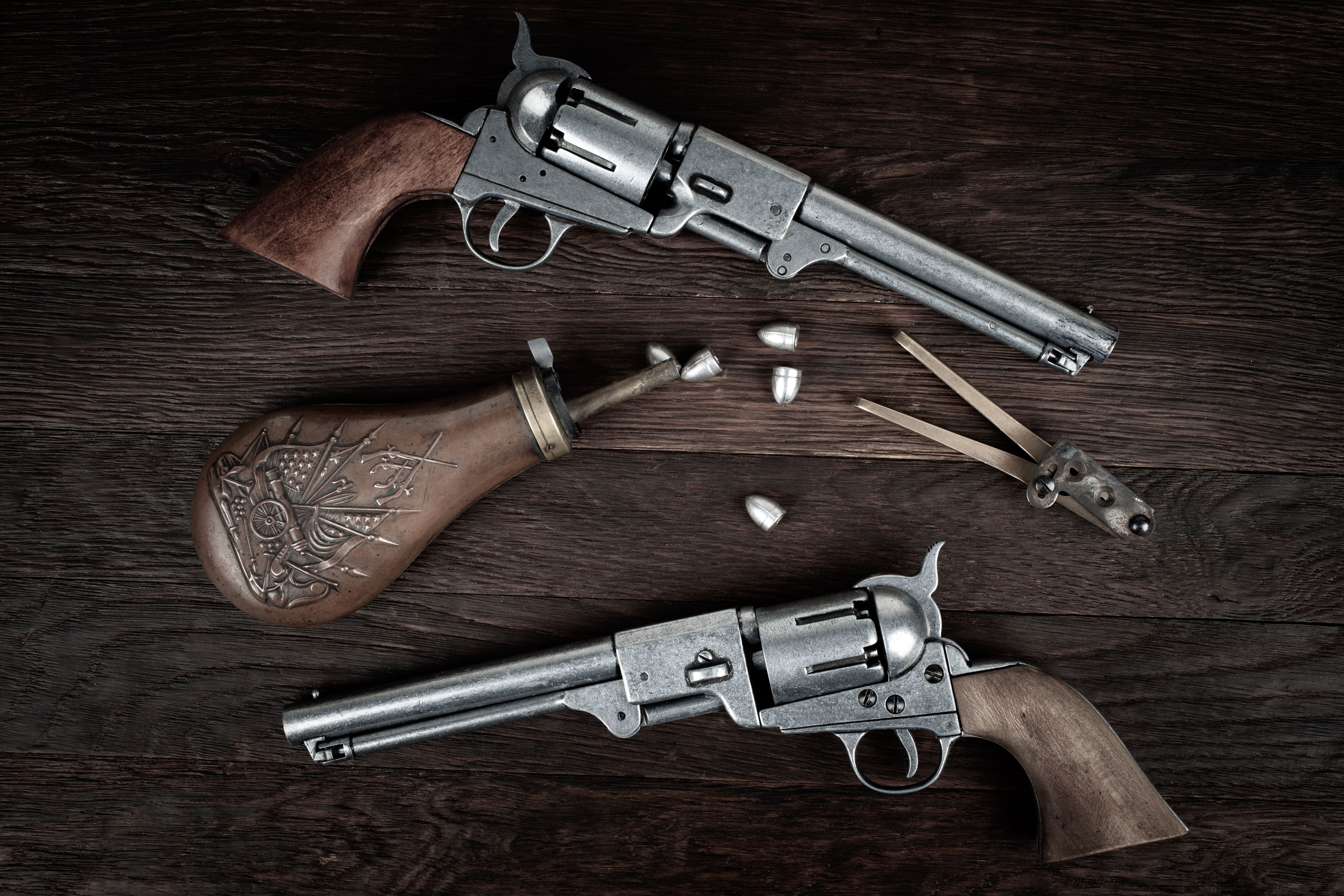 Old West Firearms Colt Dragoon Revolvers with bullet mold, bullets and powder flask