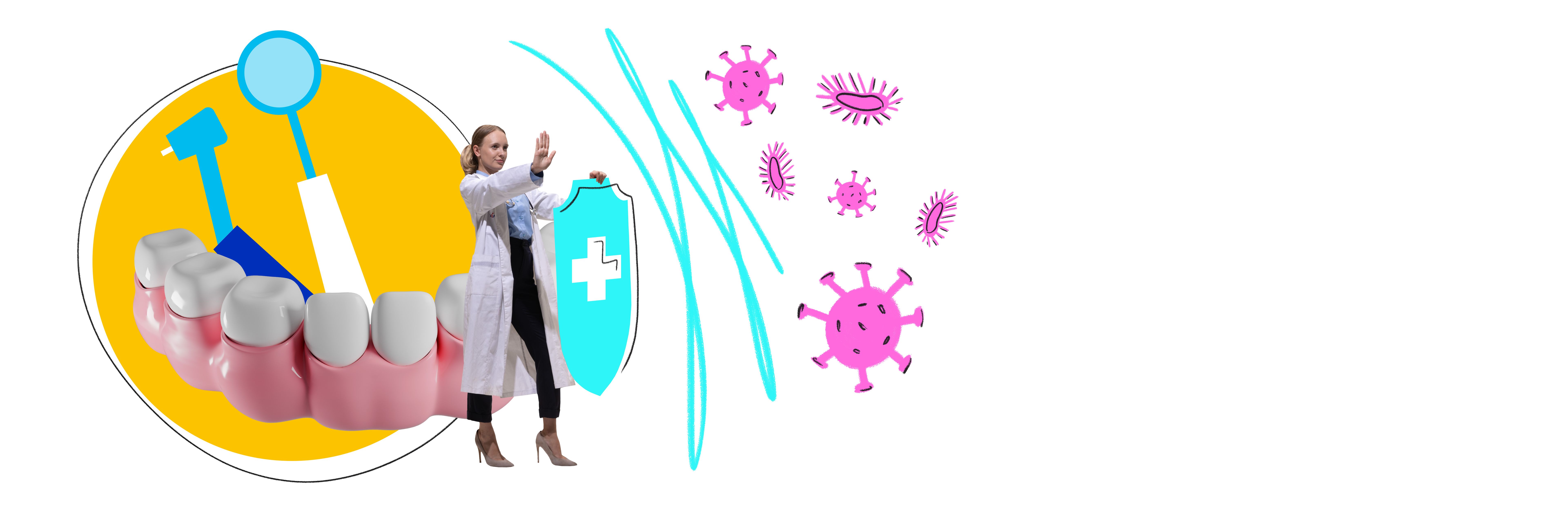 Contemporary art collage. Dentist with shield protecting teeth from illustrated germs against bright background with dental tools. Oral health and protection.