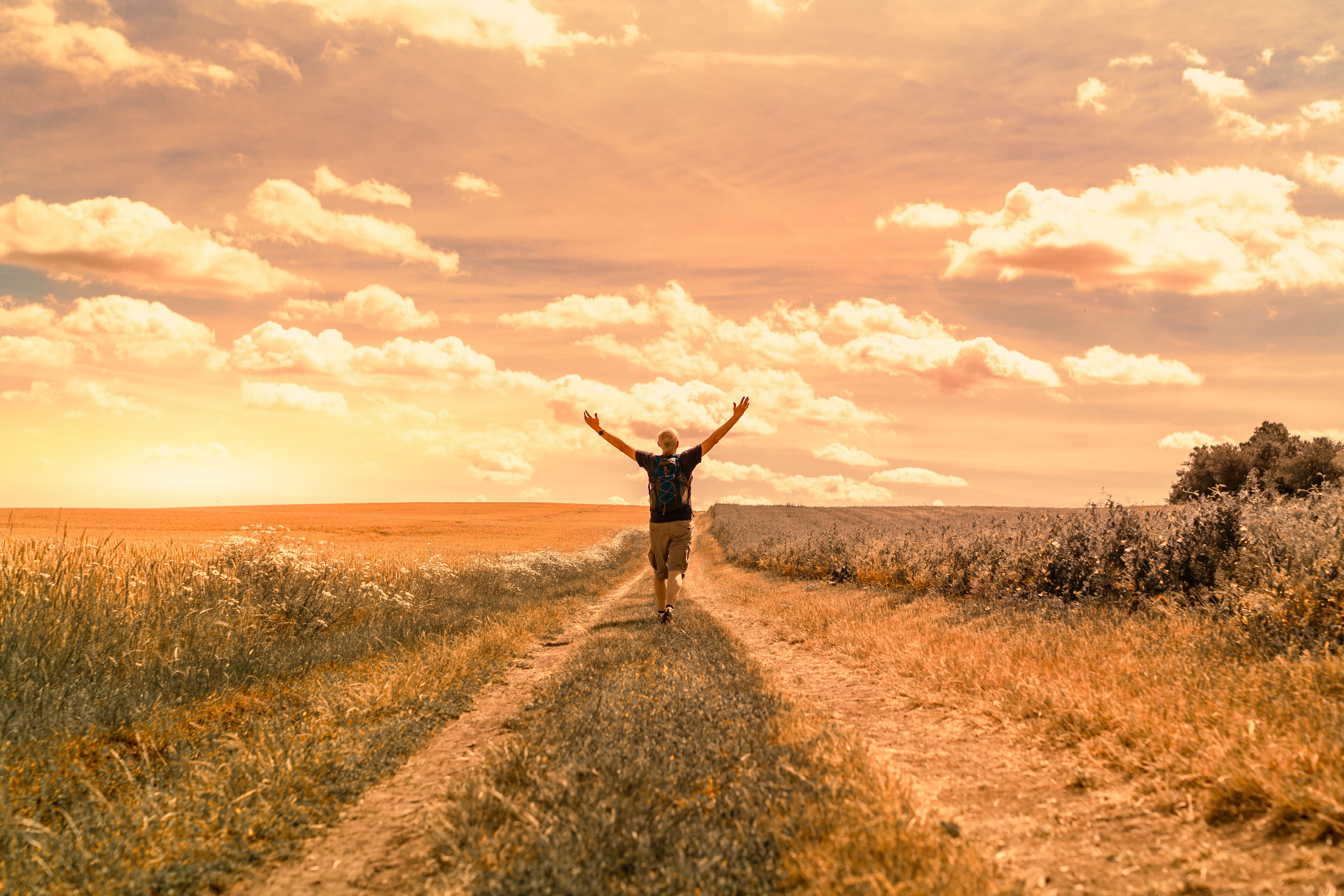 Man walking on country road on a sunny summer day.