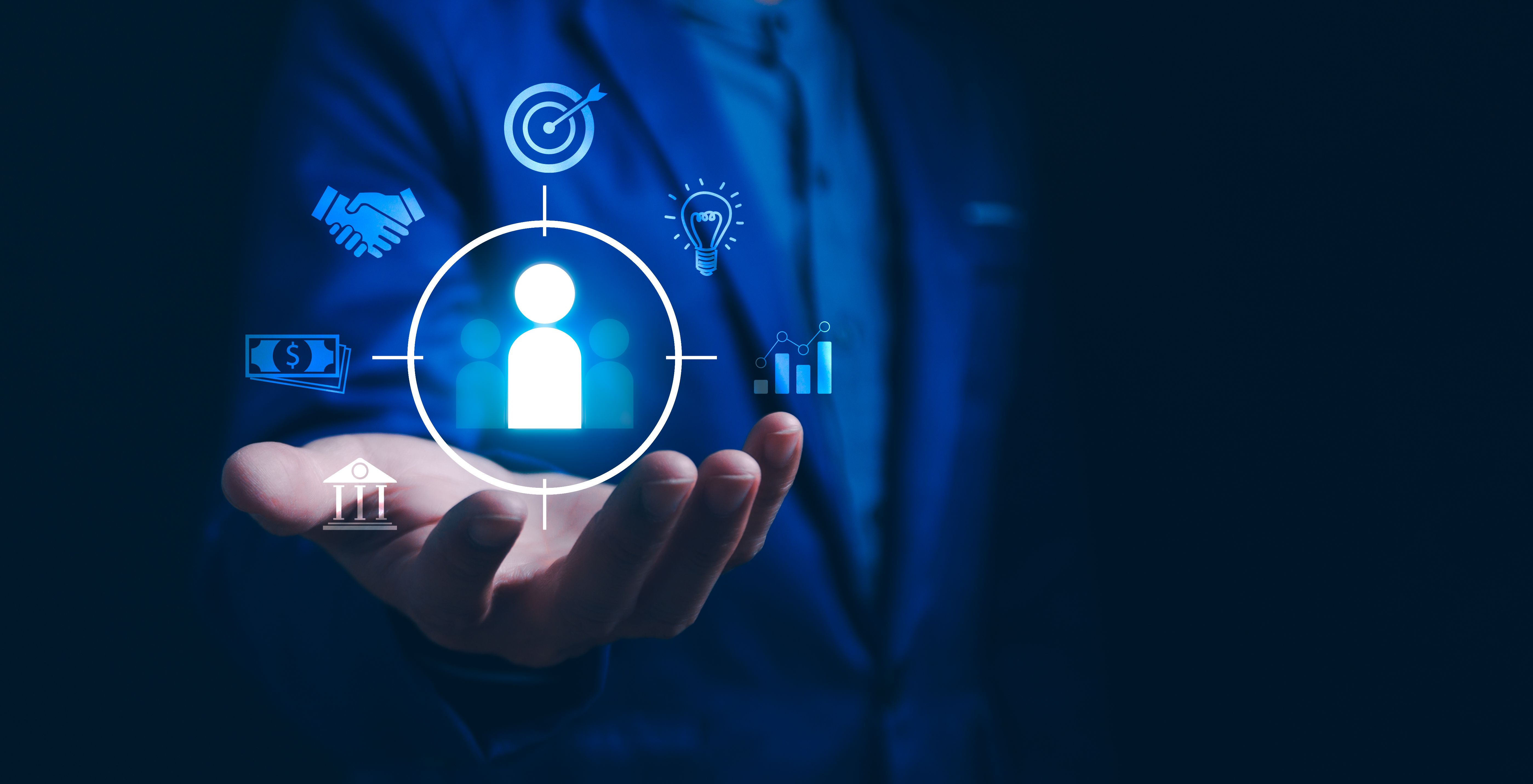 Customer Centricity and Business Strategy. A businessman presenting a customer icon at the center, surrounded by elements of targeting, innovation, financial goals, collaboration, and market analysis.