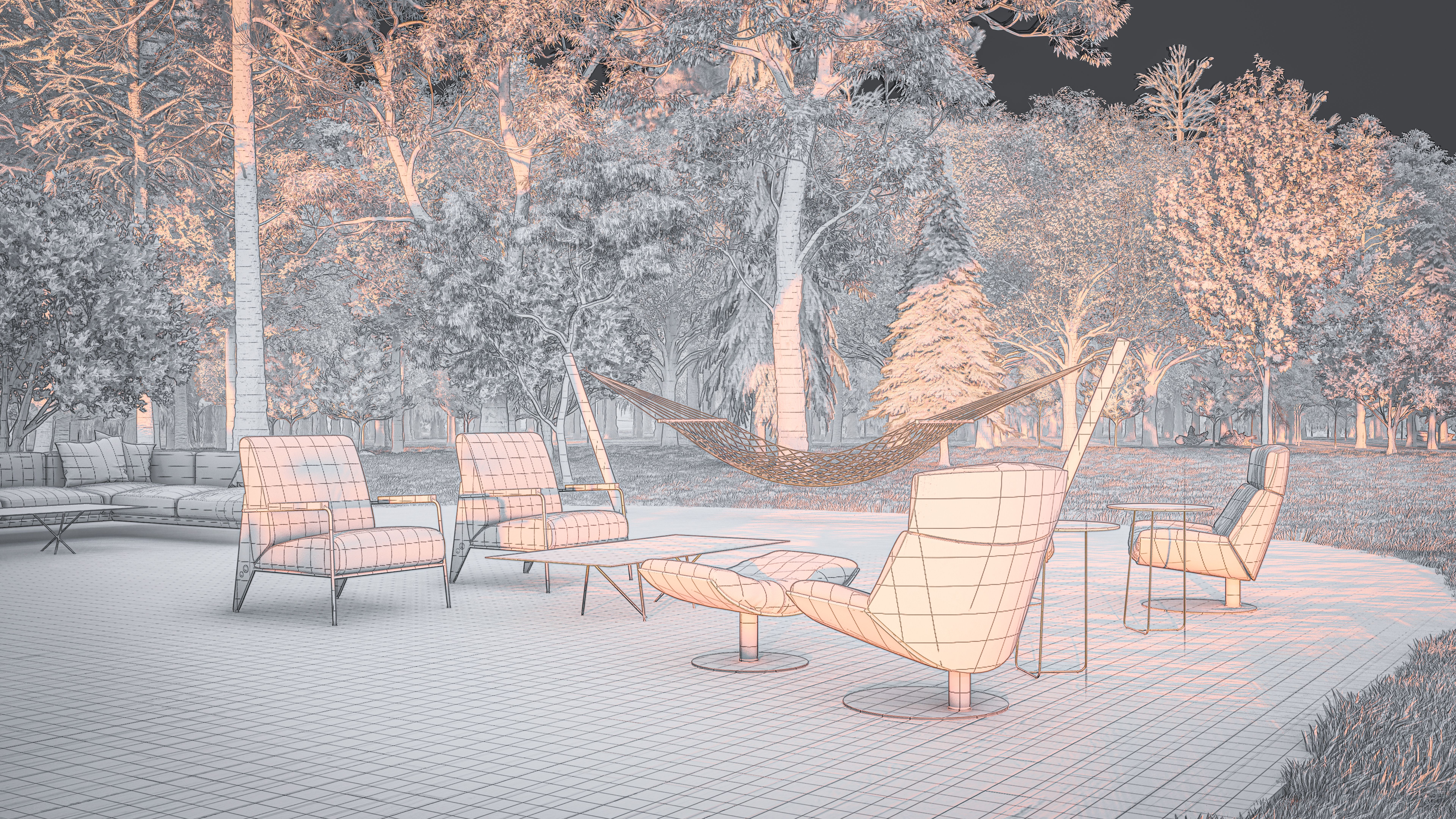 3D illustration perspective sketch drawing of a hospital garden with seating deck and hammock surrounded by nature at sunrise