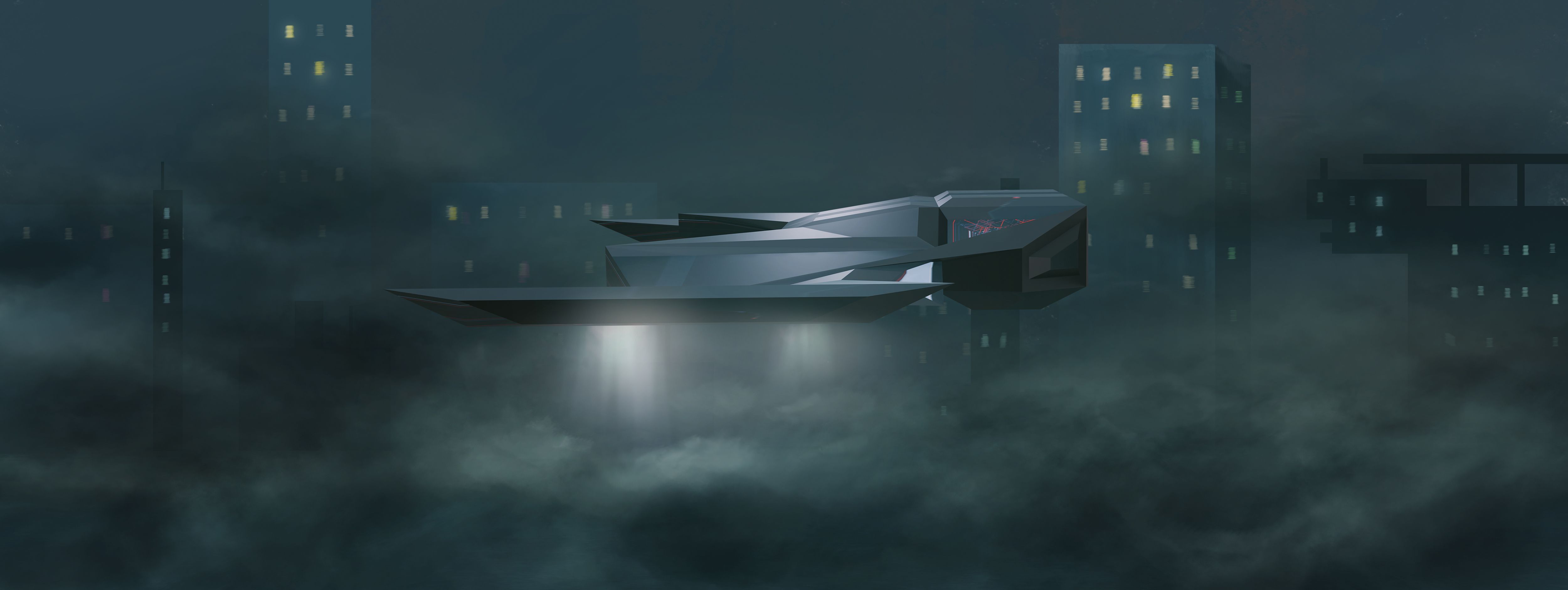 A spaceship sideways landing in a night city with a billowing cloud of smoke. Modern futuristic 3D illustration background