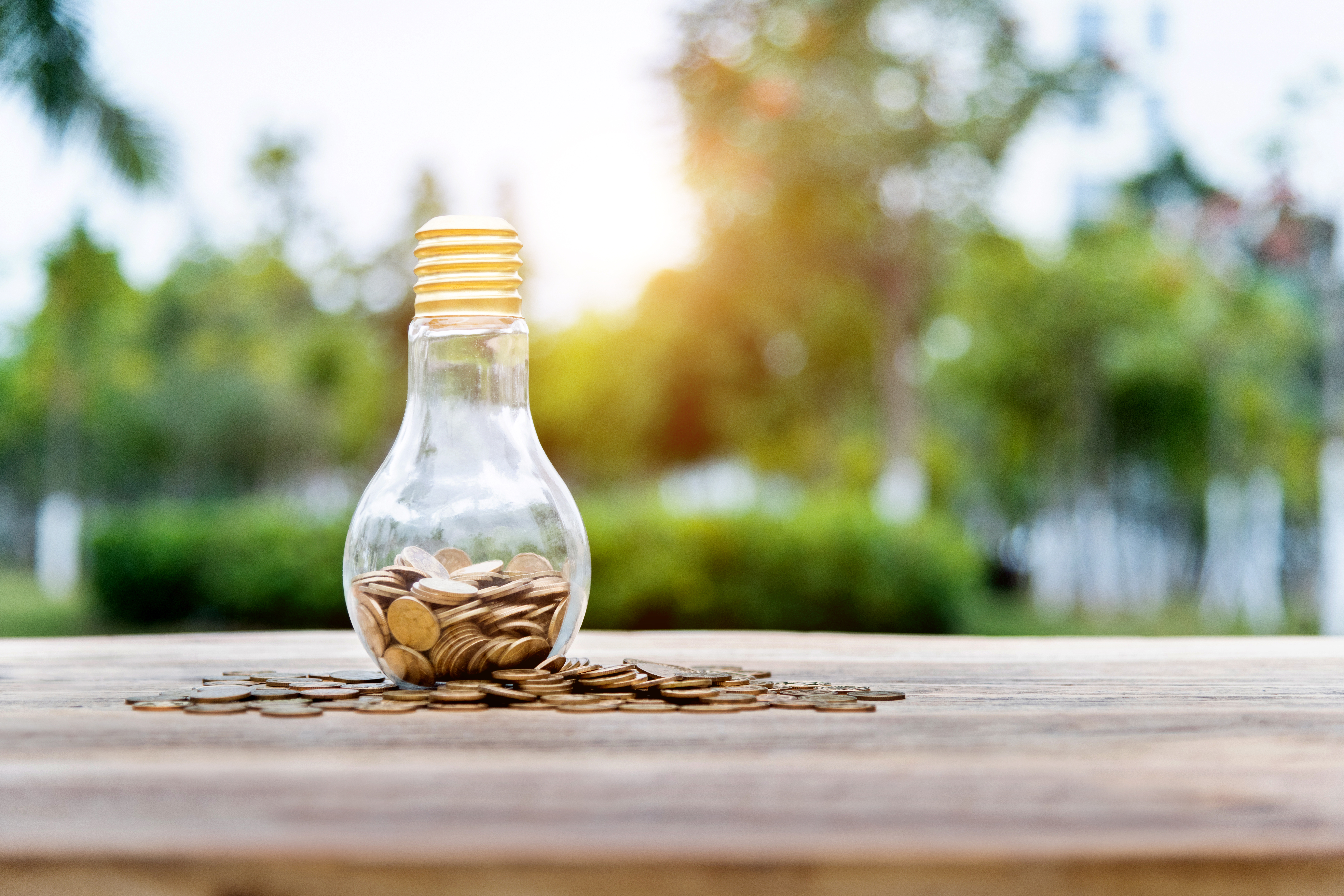 Light bulb with many coins on the table