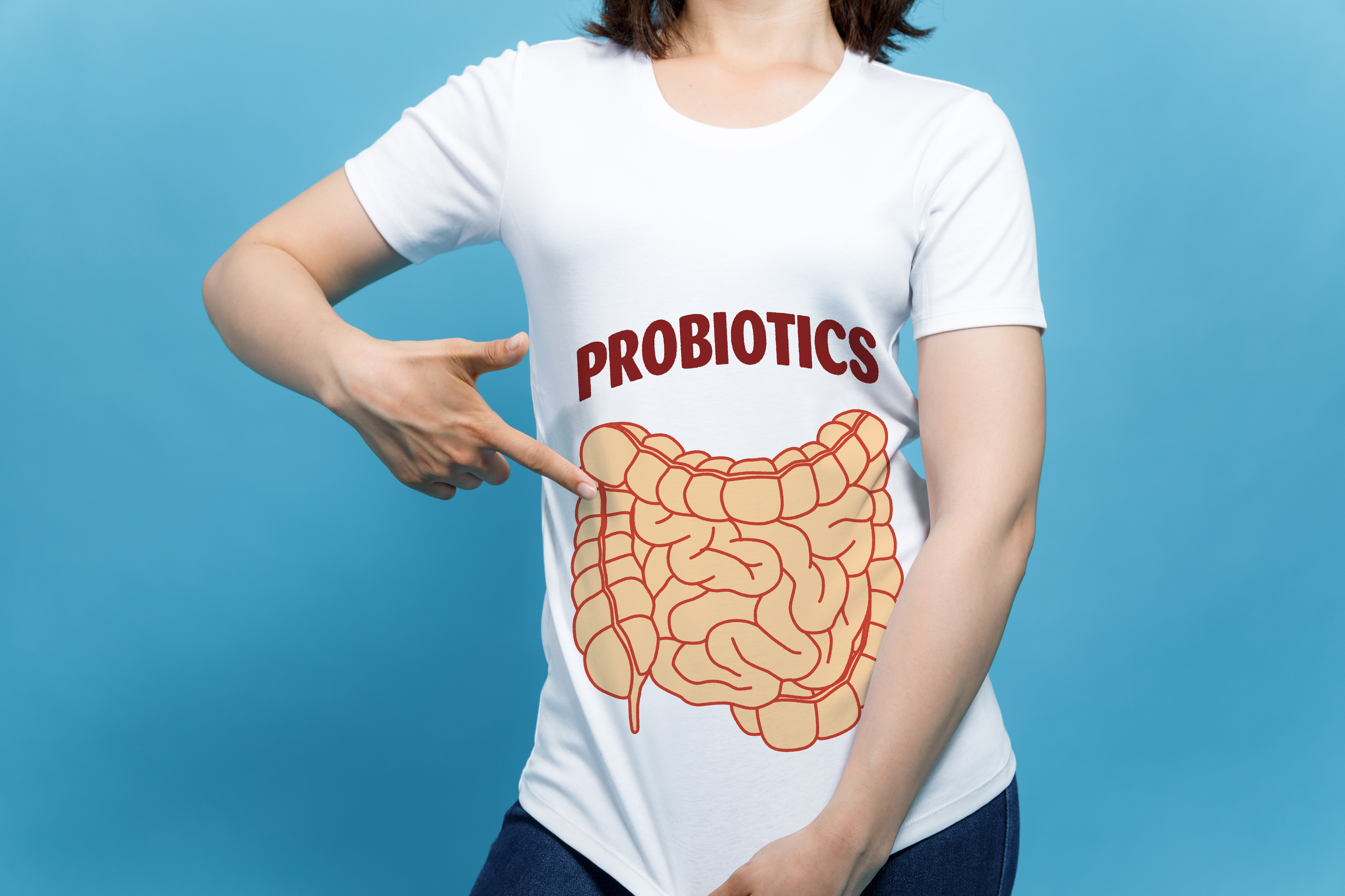 young woman wearing a T-shirt printed with an intestinal illustration