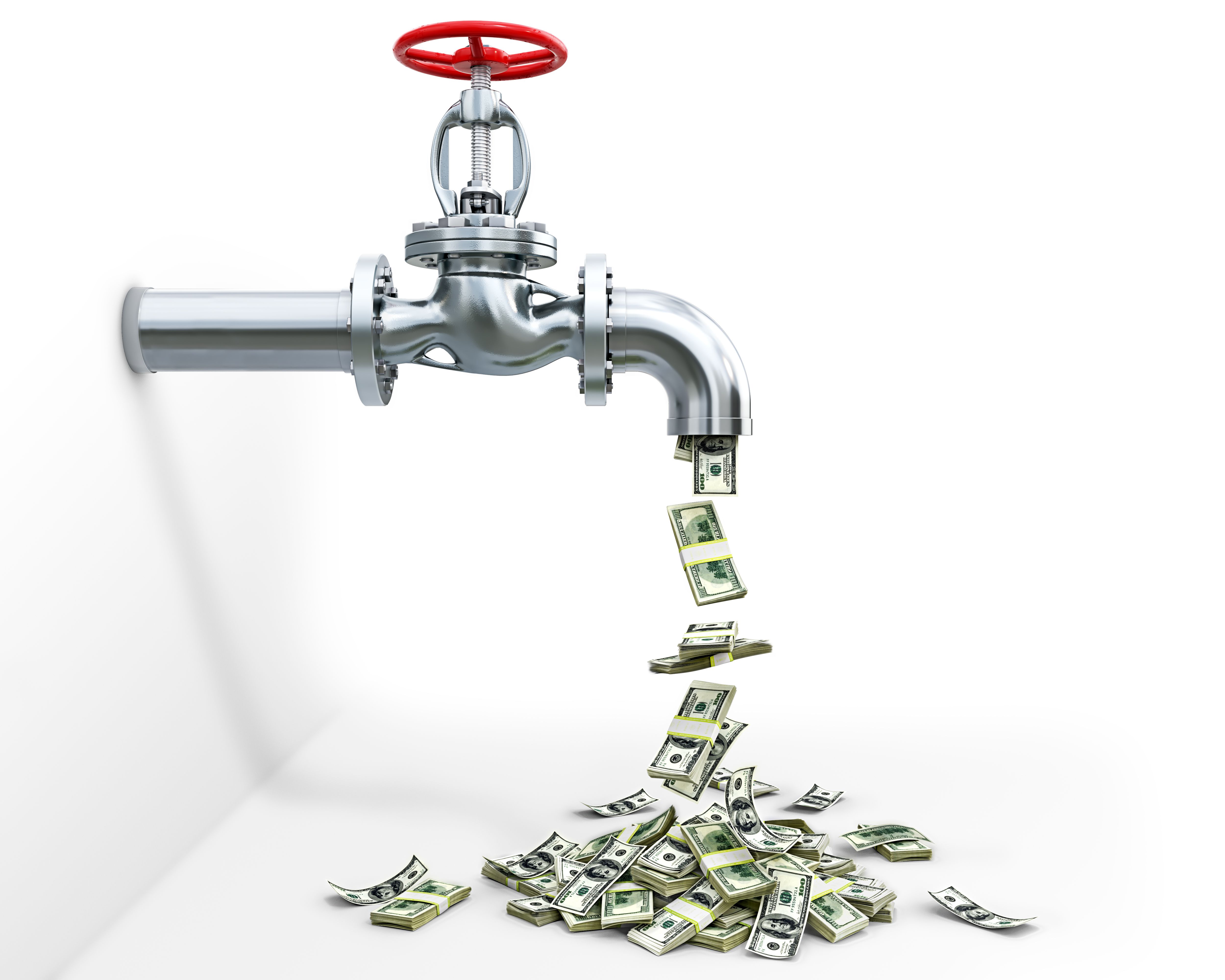 A steel tap with money dripping from it and falling down, pipeline concept, white background, 3d illustration