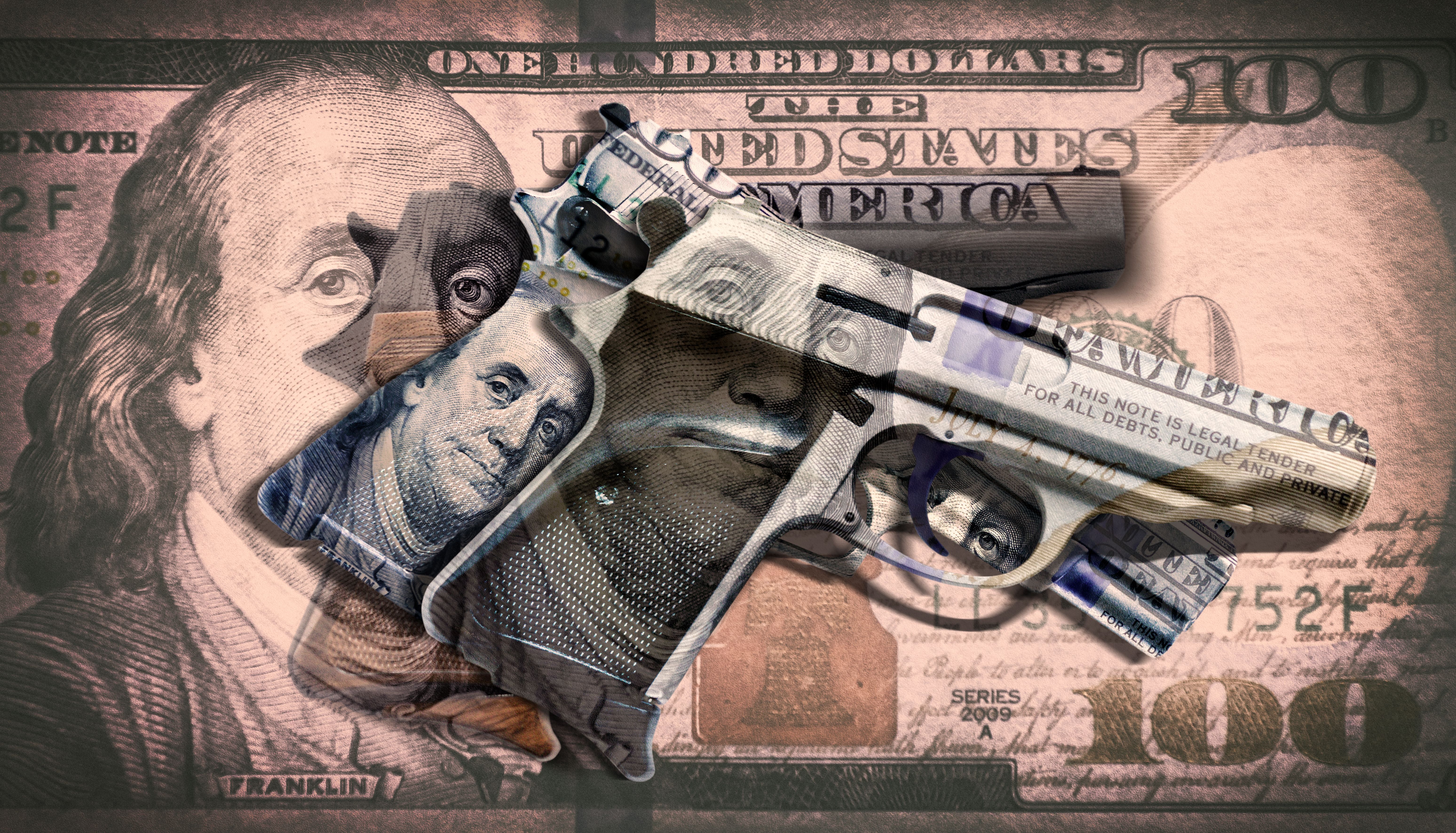 Conceptual Gun and American one hundred dollar bill