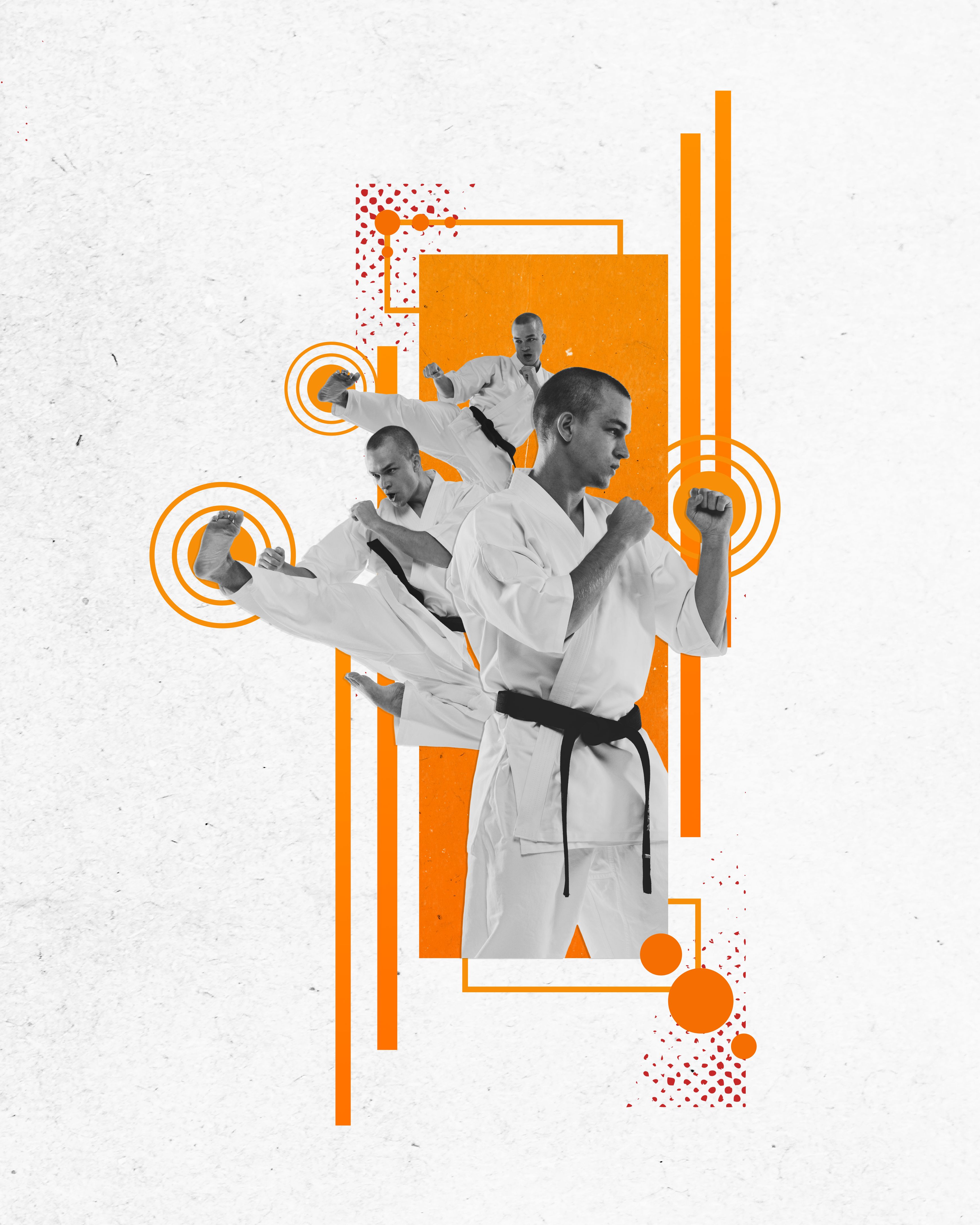 Young man, professional karateka in white kimono, training karate on abstract background. Contemporary art collage.