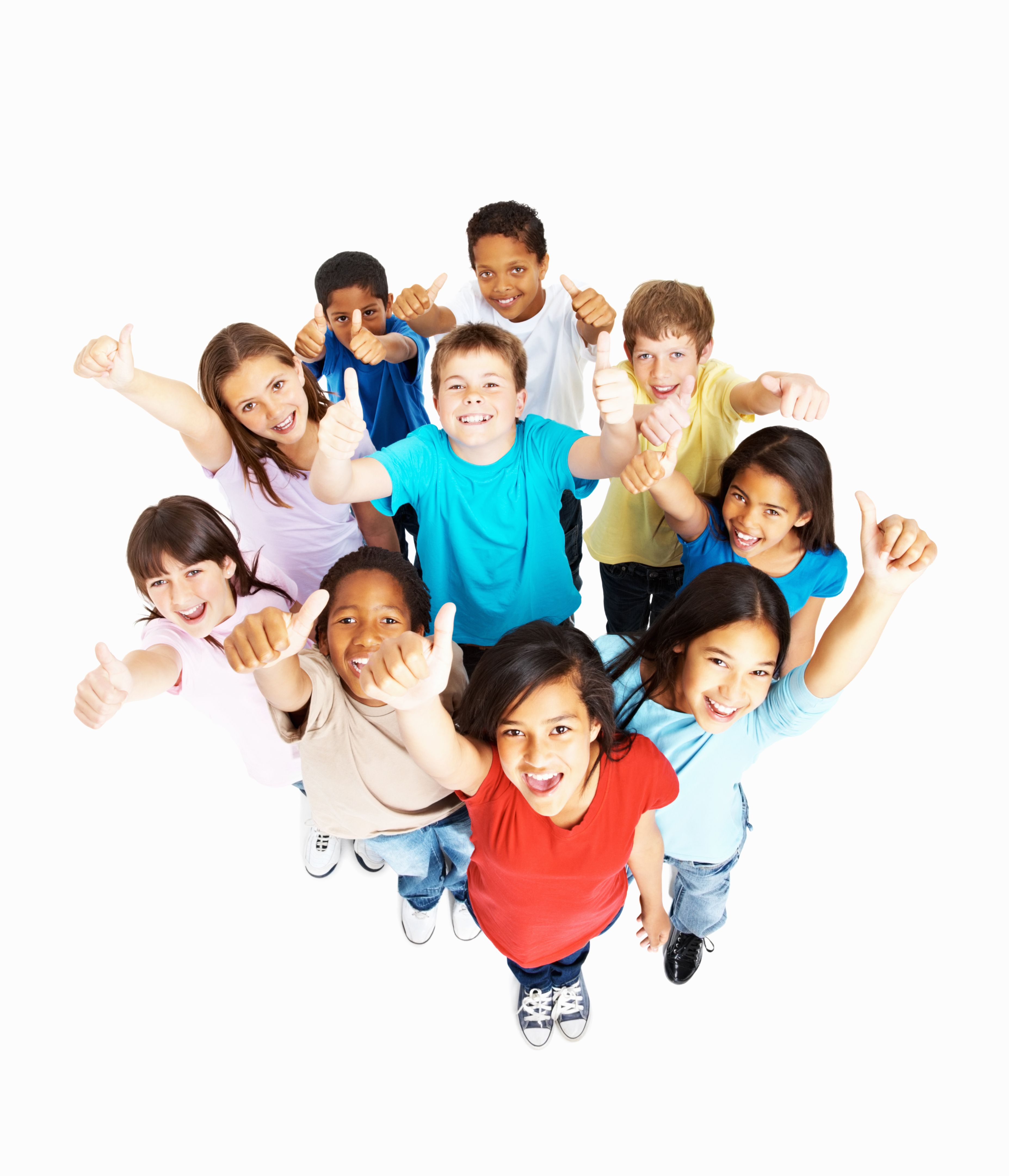 Top view of happy multi racial kids gesturing thumbs up
