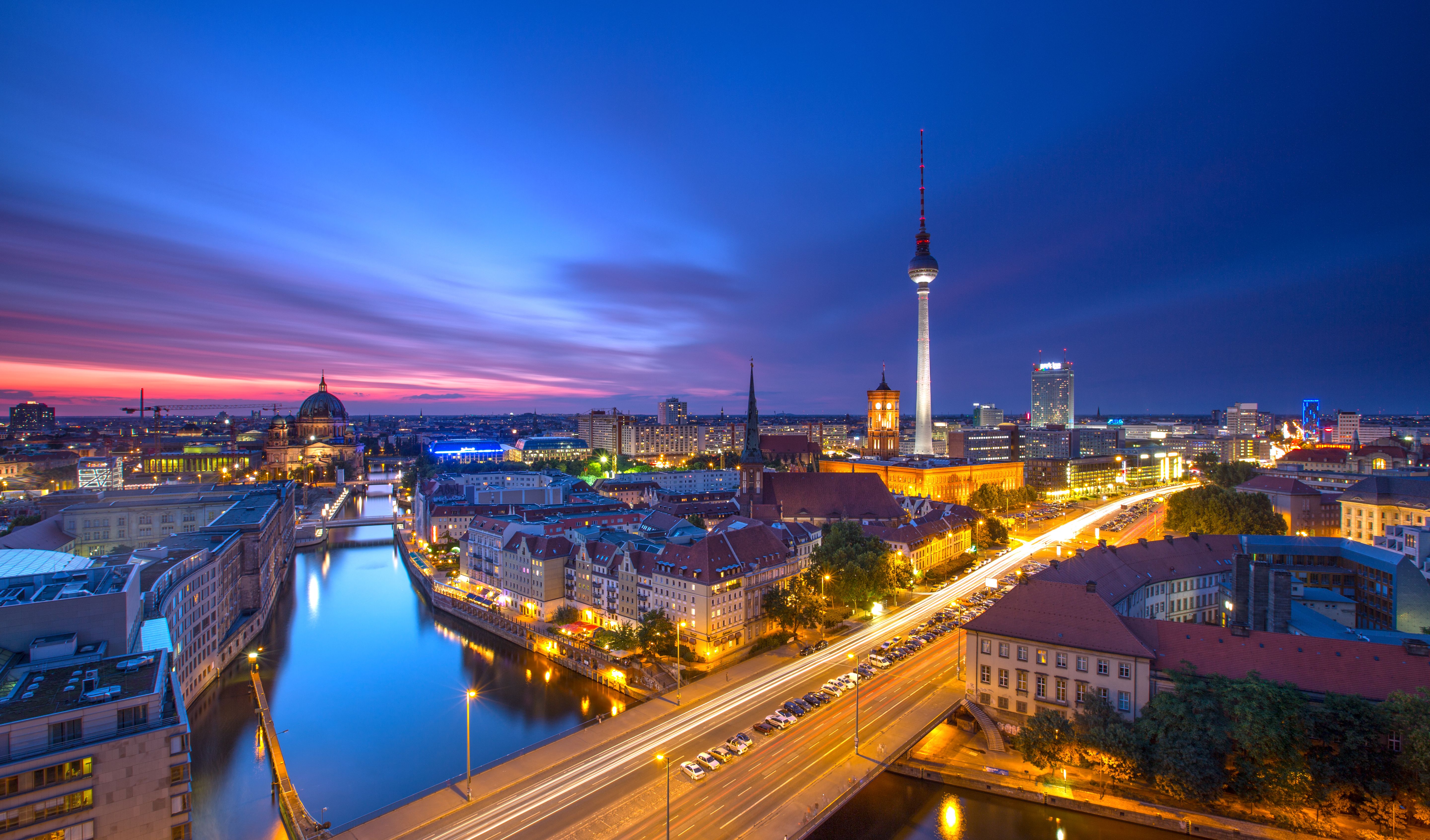 Berlin Skyline City Panorama with blue sky sunset and traffic