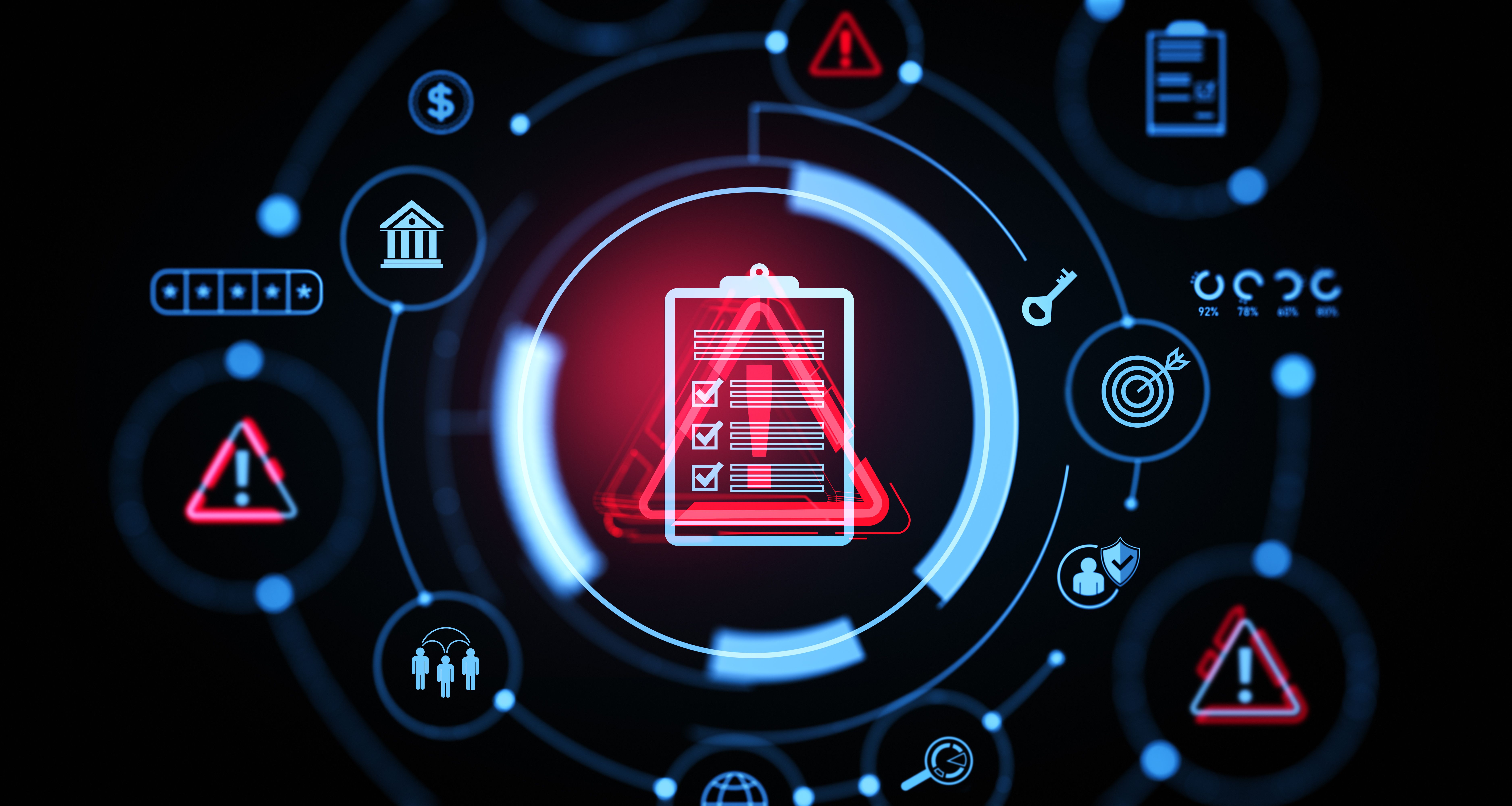 Futuristic digital interface with compliance checklist and security icons on dark background. Concept of cybersecurity. 3D Rendering Futuristic digital interface with compliance checklist and security icons on dark background. Concept of cybersecurity. 3D Rendering