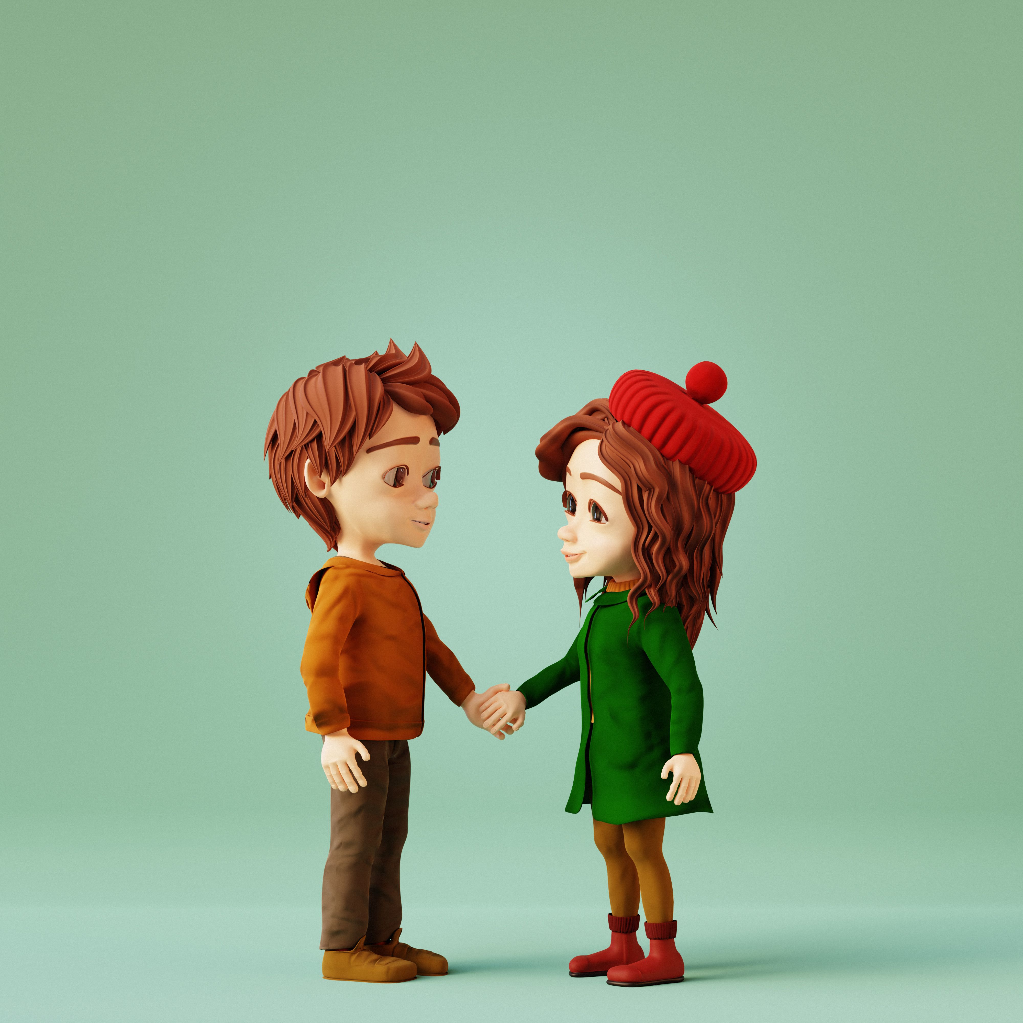 Cartoon boy and girl holding hands. Valentines day concept. 3d render Cartoon boy and girl holding hands. Valentines day concept. 3d render