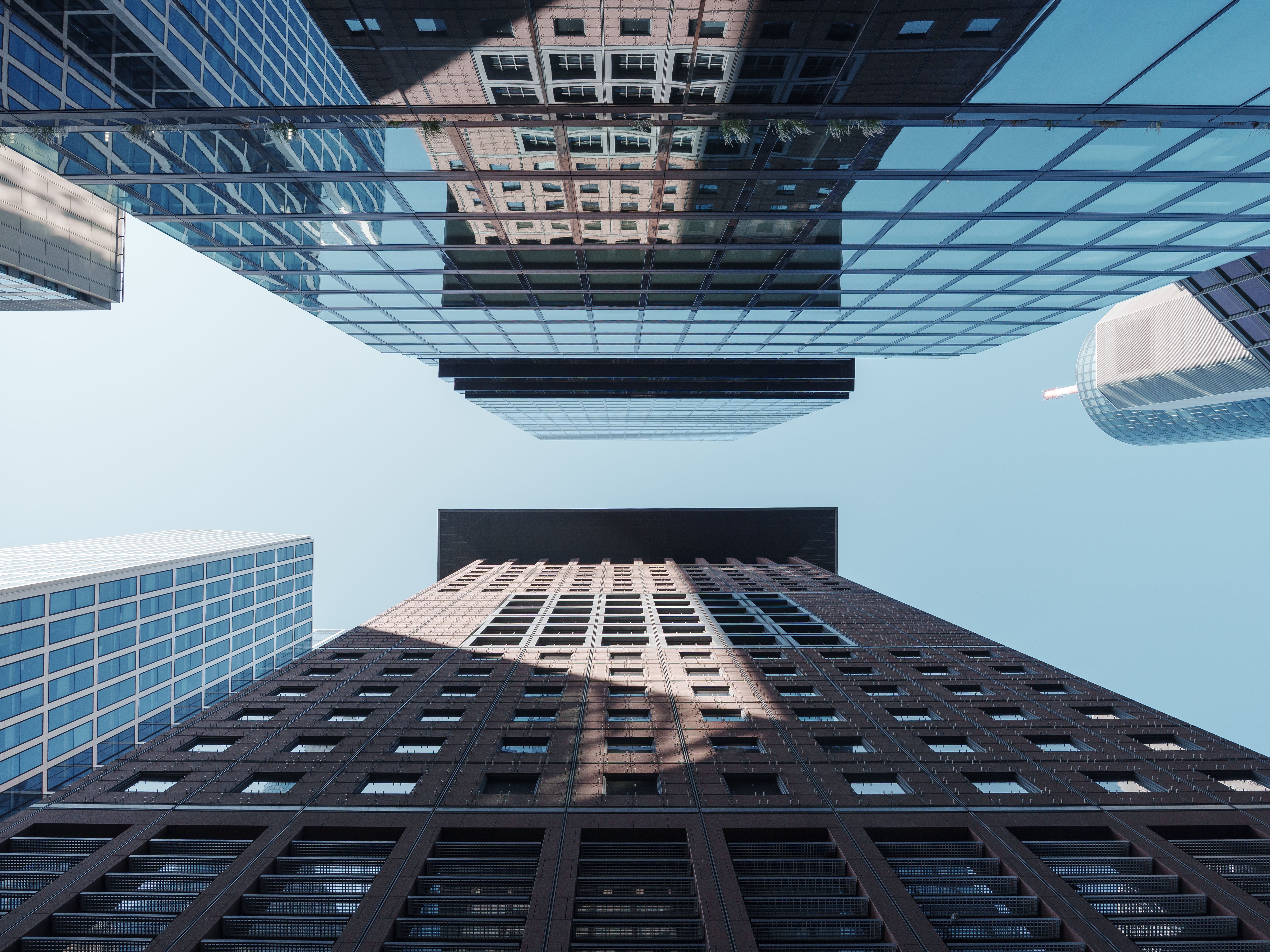 Modern skyscrapers and high-rise buildings shot from a low-angle perspective against a clear blue sky
