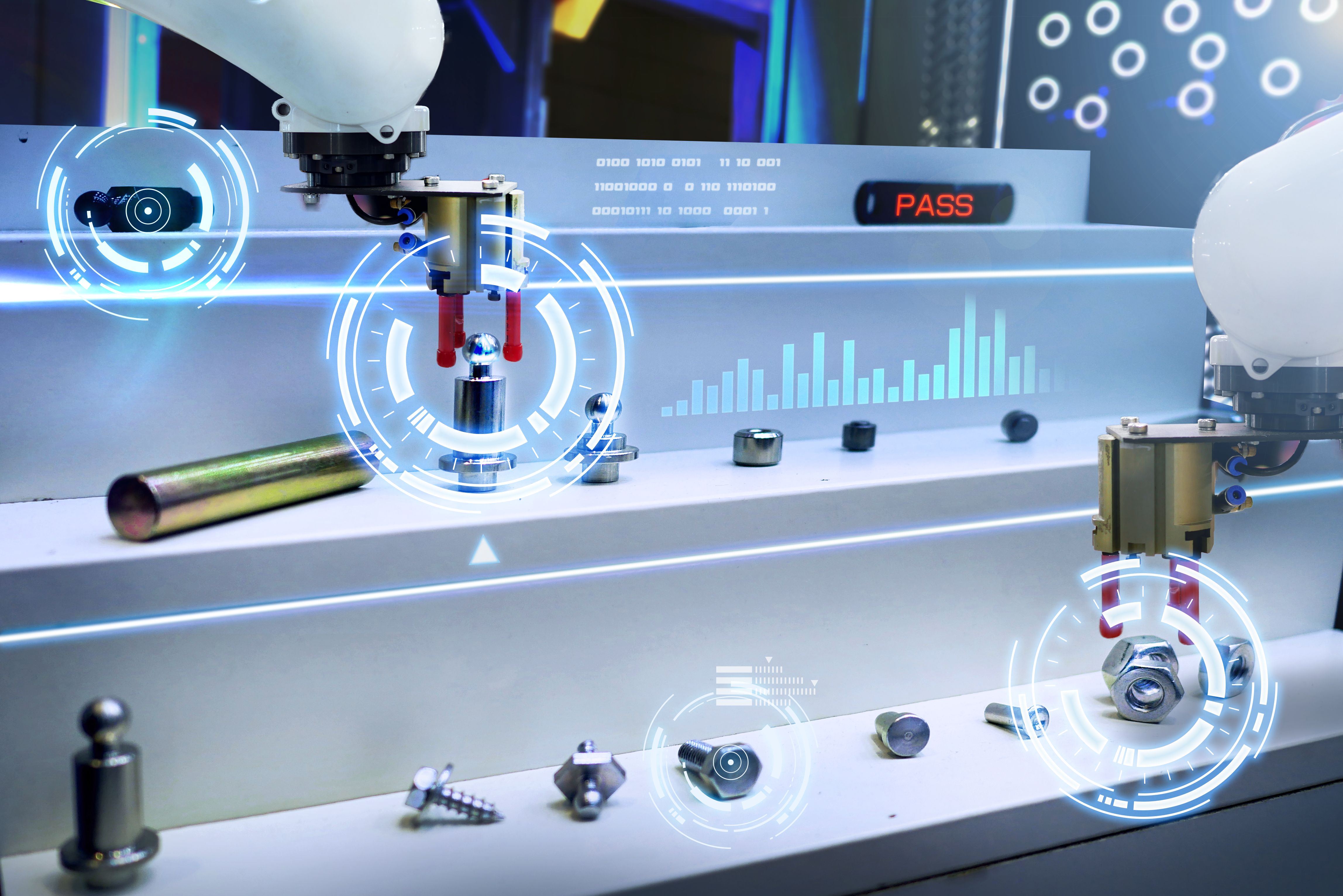 Robotic arm Machine learning working for quality control and measurement with AI, Autonomous hand seclect spare parts in factory industrial for business.