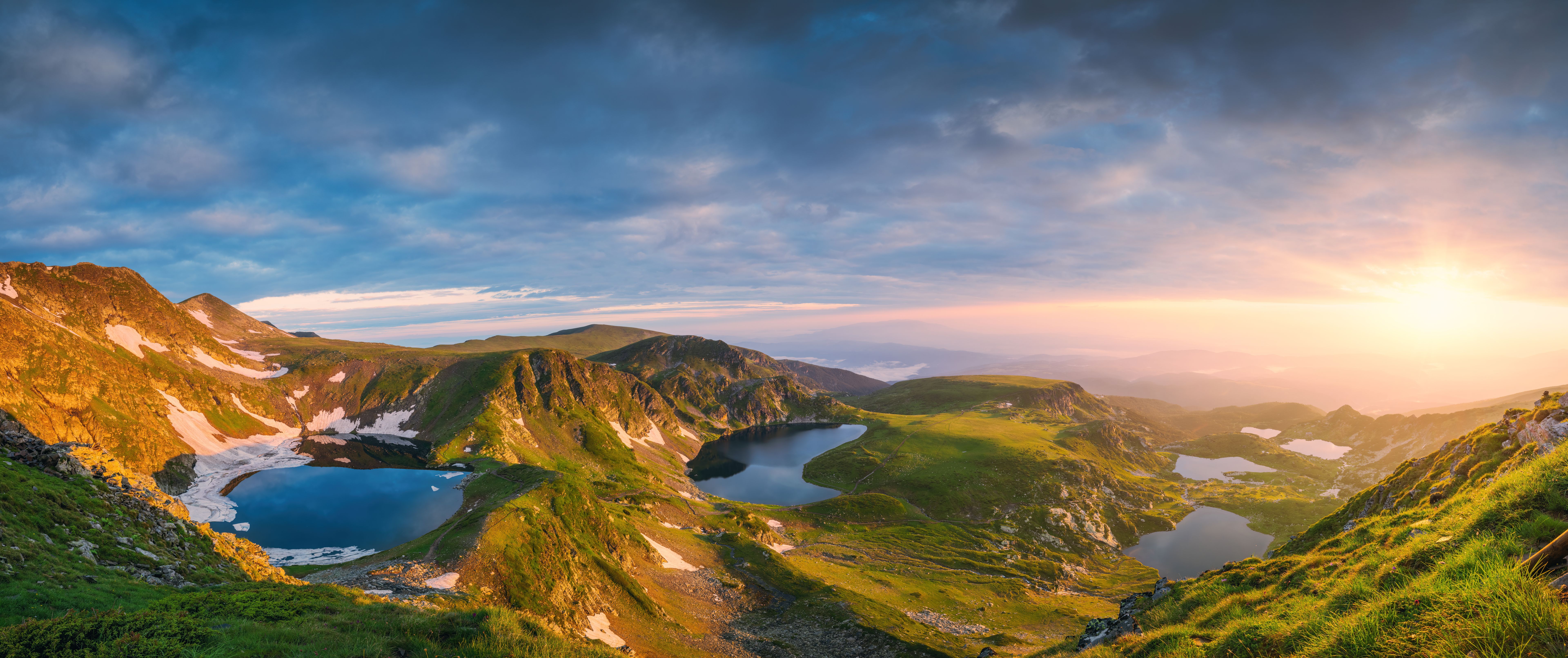 Aerial panoramic view of Seven Rila lakes and waterfalls in nature of mountain range, hiking, trekking and tourism in Bulgaria