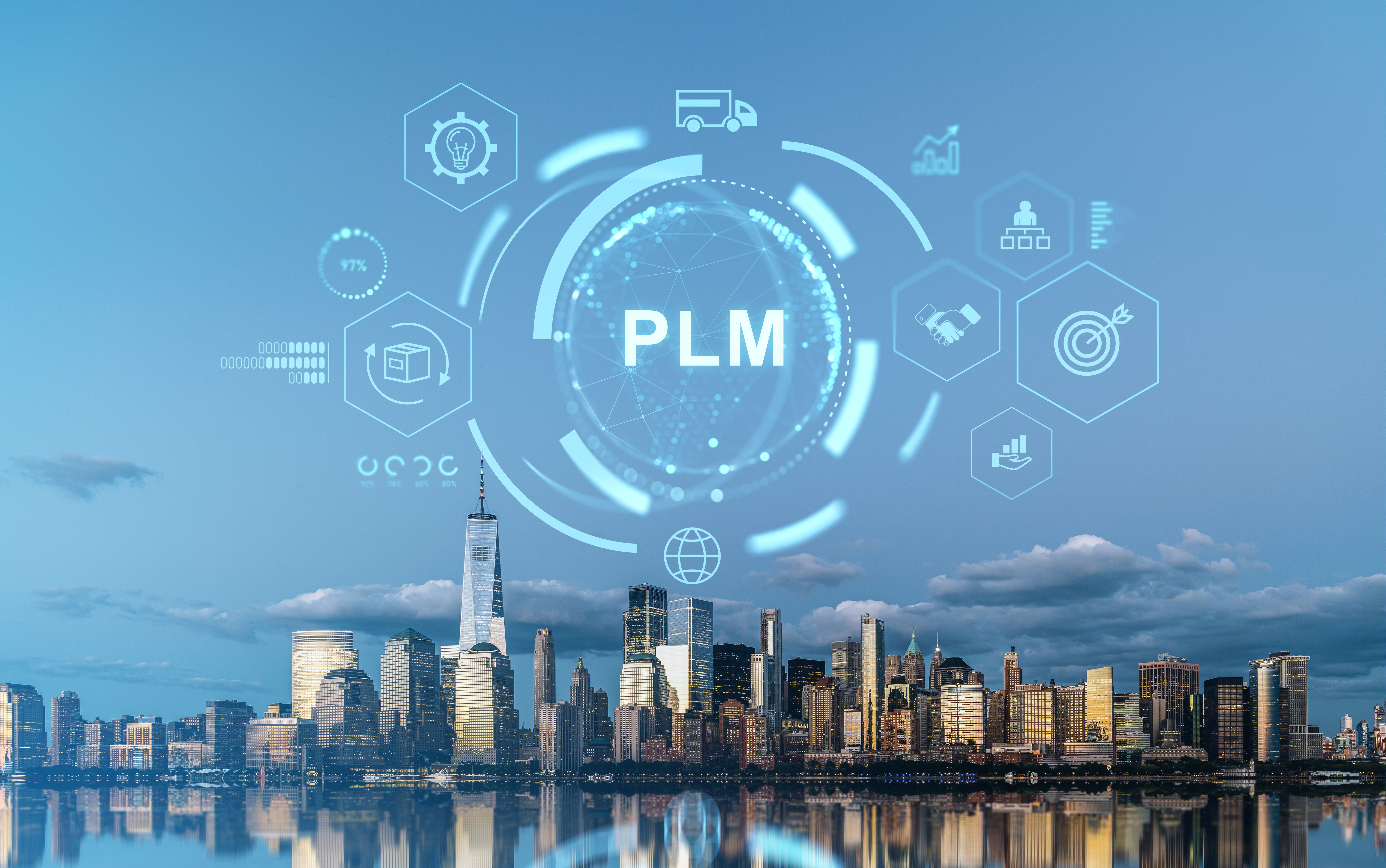 PLM concept over New York city skyline.