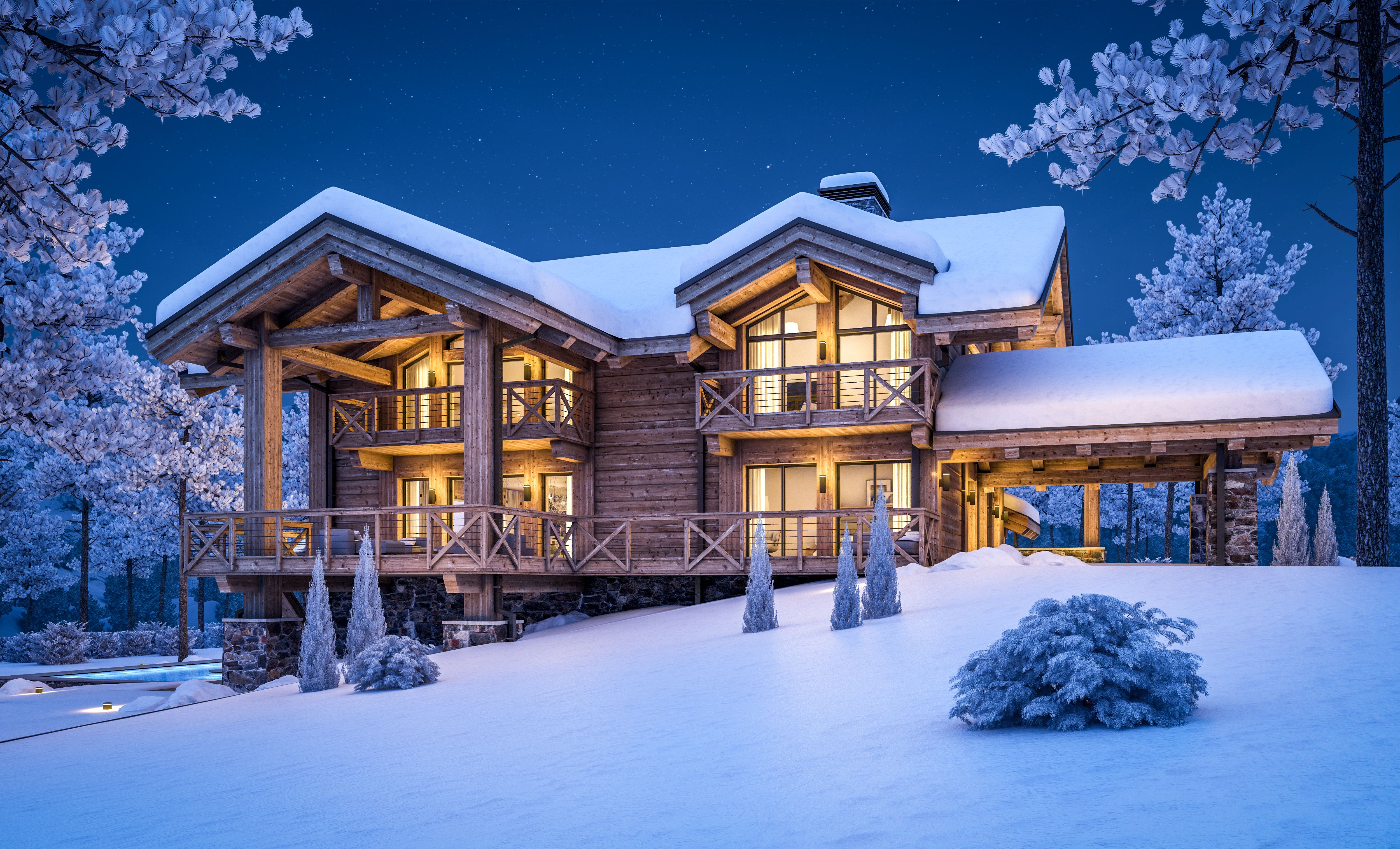 3d rendering of modern cozy chalet in winter night 3d rendering of modern cozy chalet in winter night