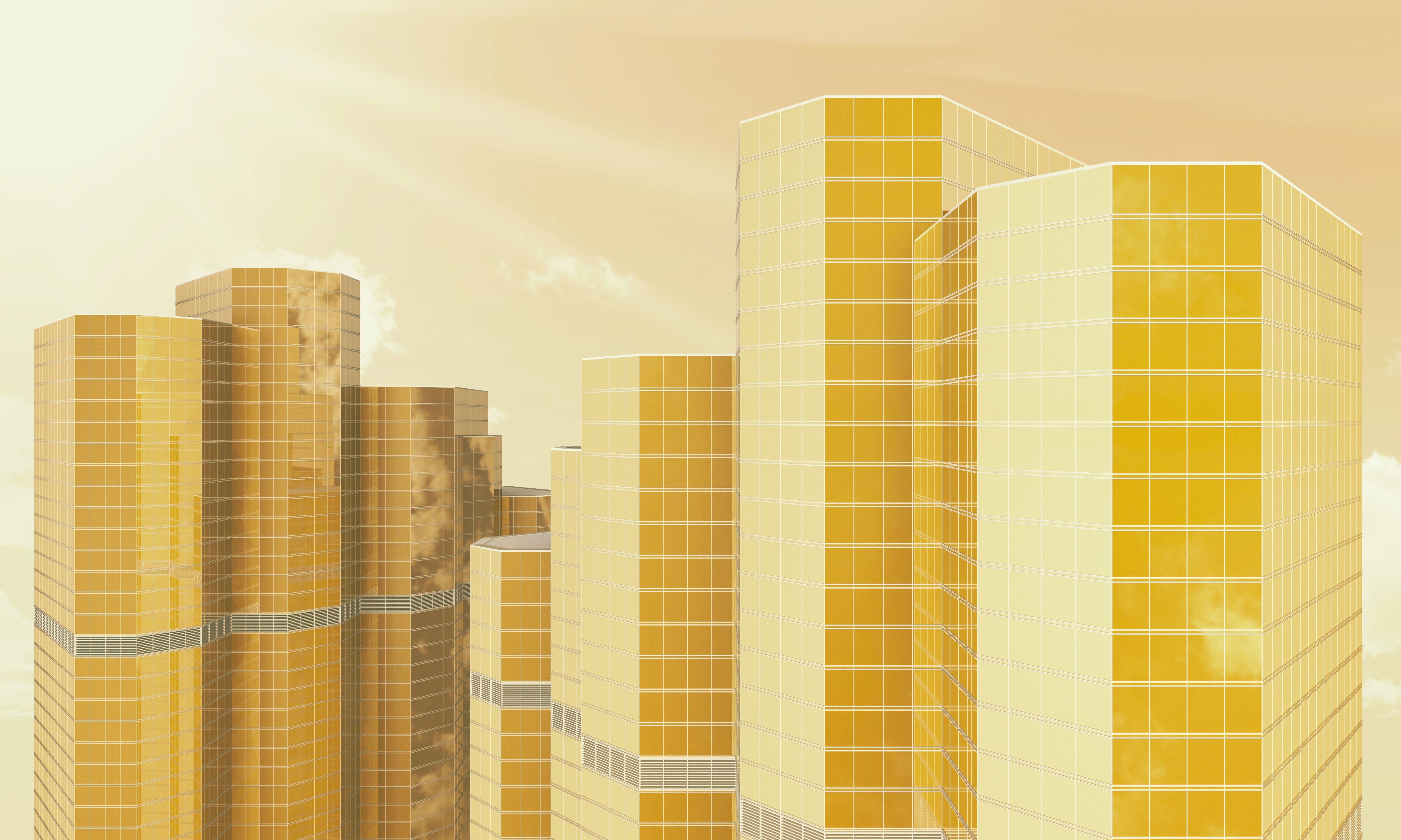 top part skyscraper in yellow tinted