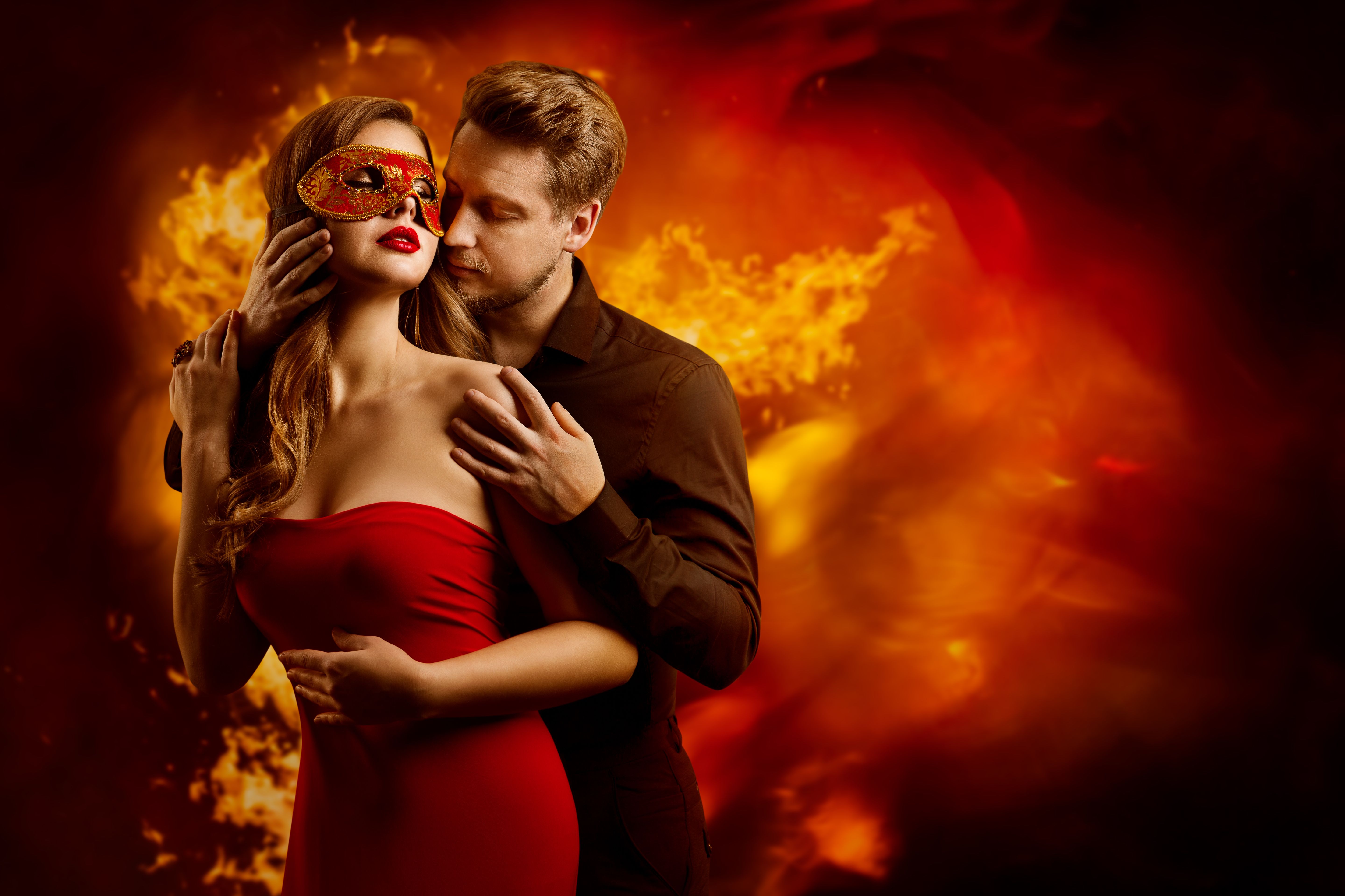 Couple Hot Flaming Kiss, Man in Love Kissing Seductive Dreaming Woman in Fantasy Mask