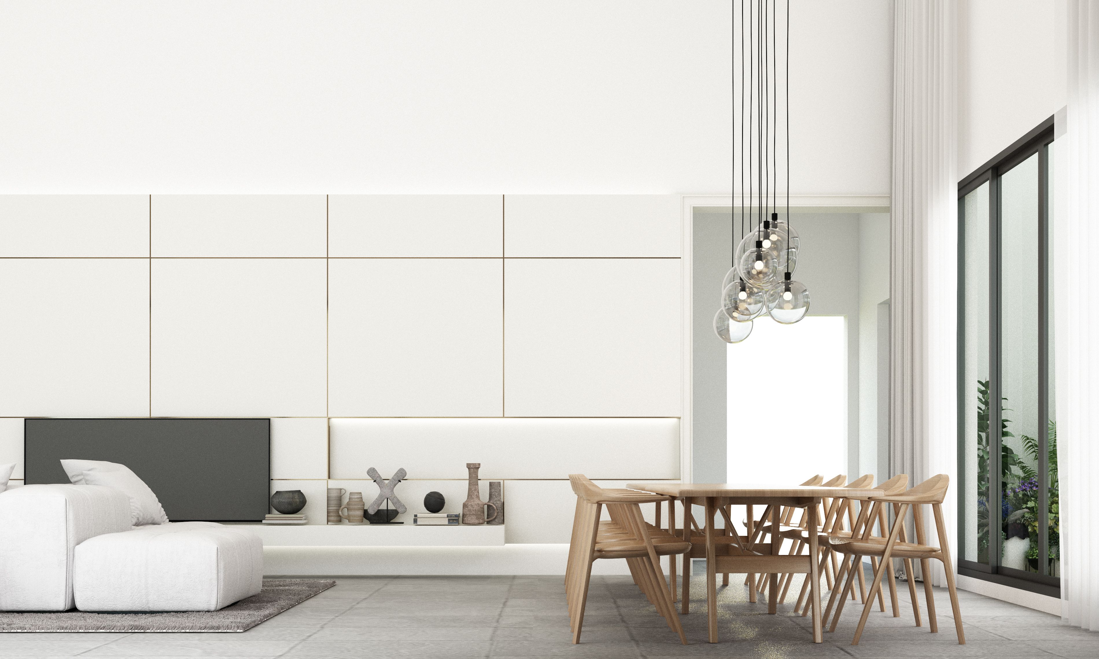 Modern minimal style of living and dining area with sofa set and grey tile floor.3d rendering