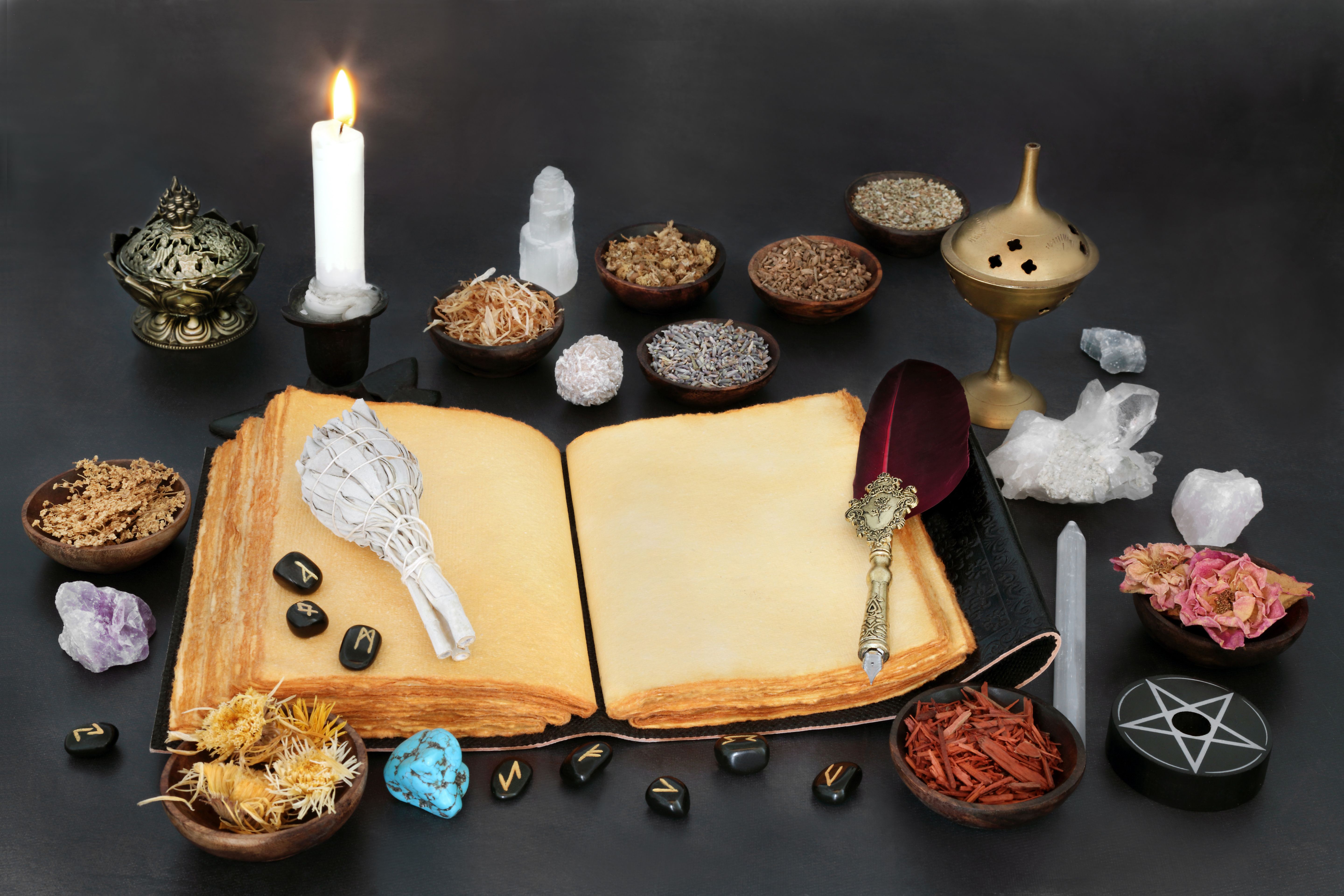 Witches Magical Equipment with Book of Spells