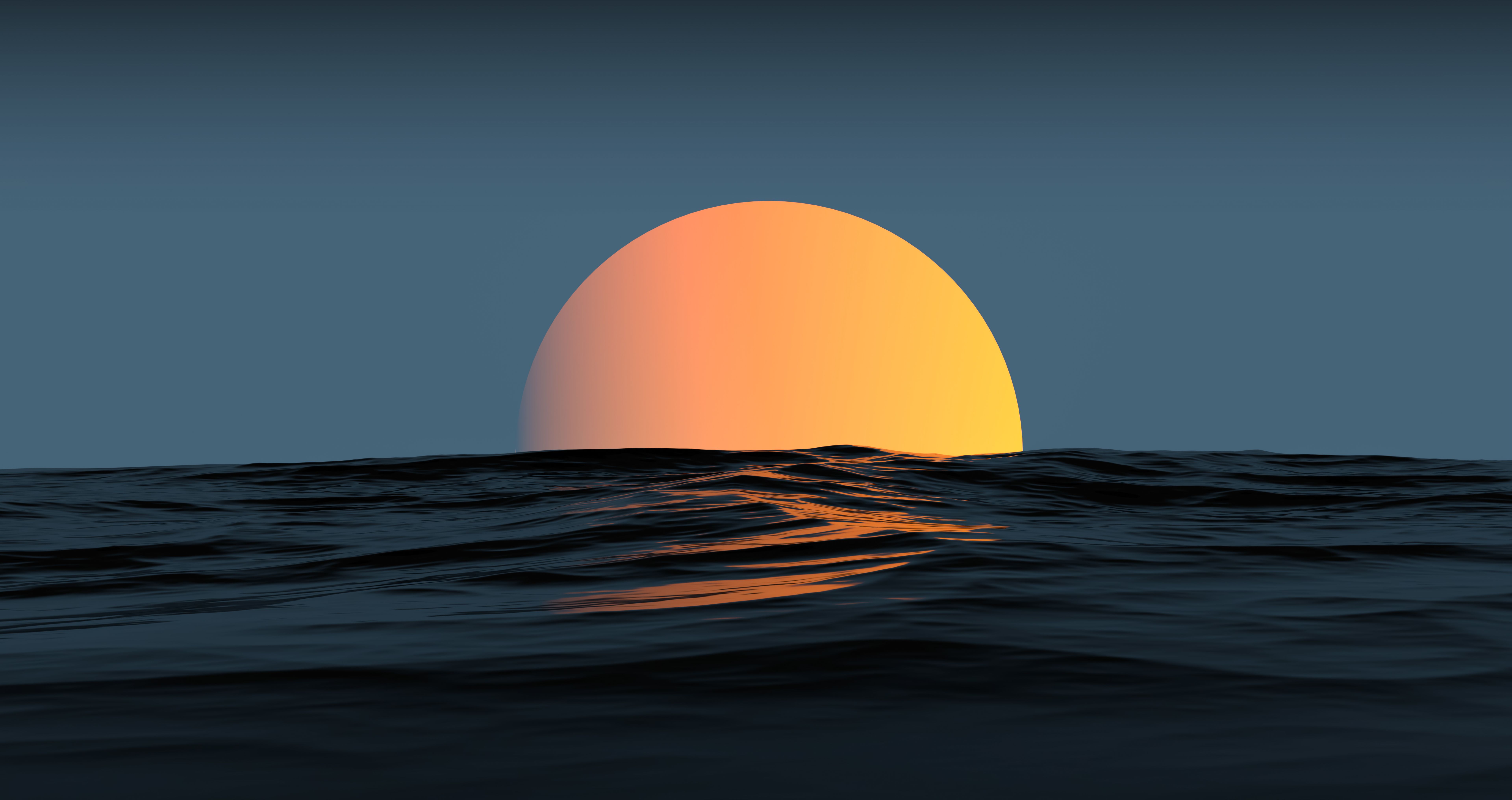 Orange planet in the twilight of the sea,ocean. Fantastic sunset on the horizon of night waves,wallpaper.3D render
