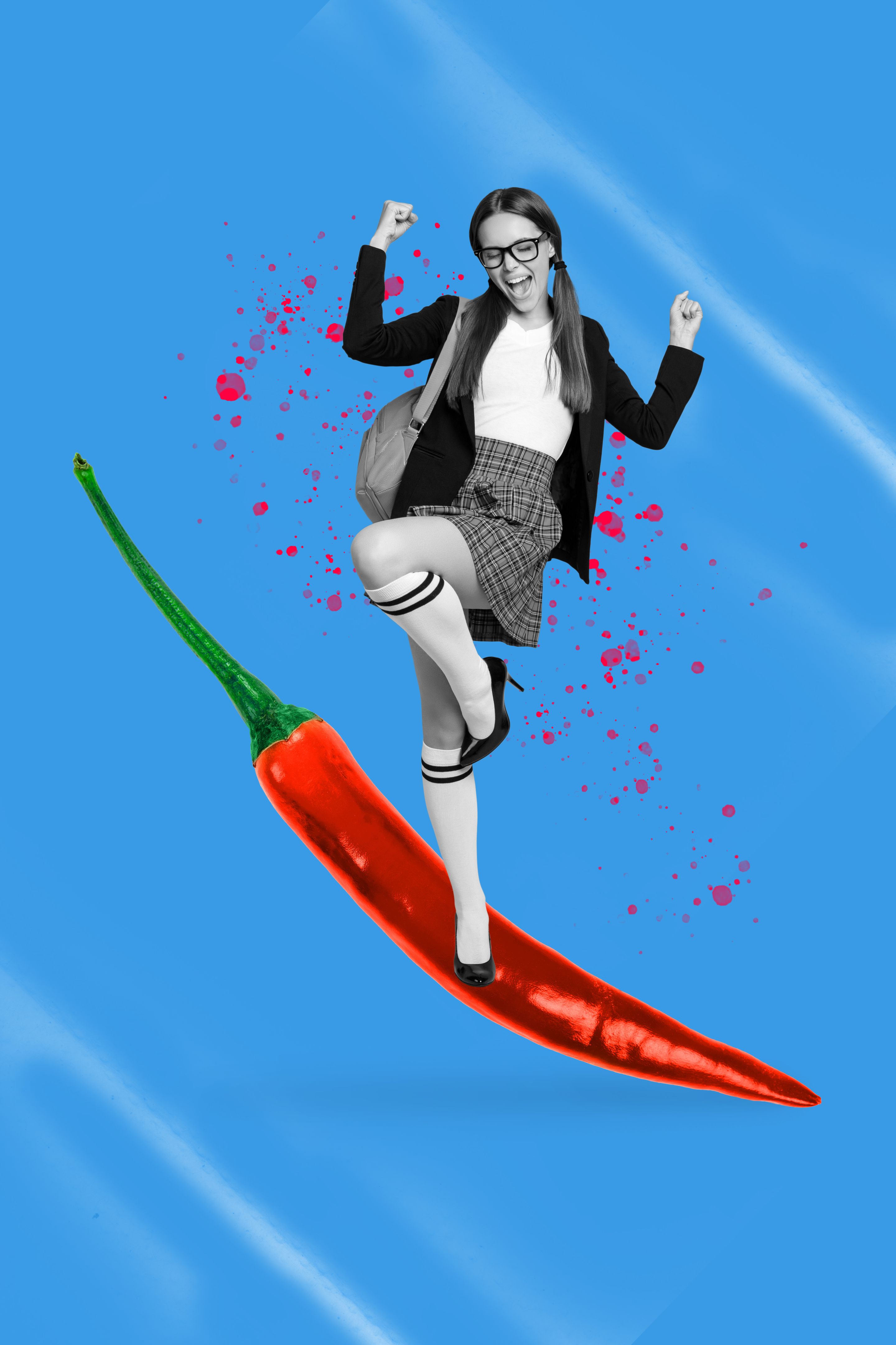 Trend poster collage of person stand on red big chili pepper over blue color background