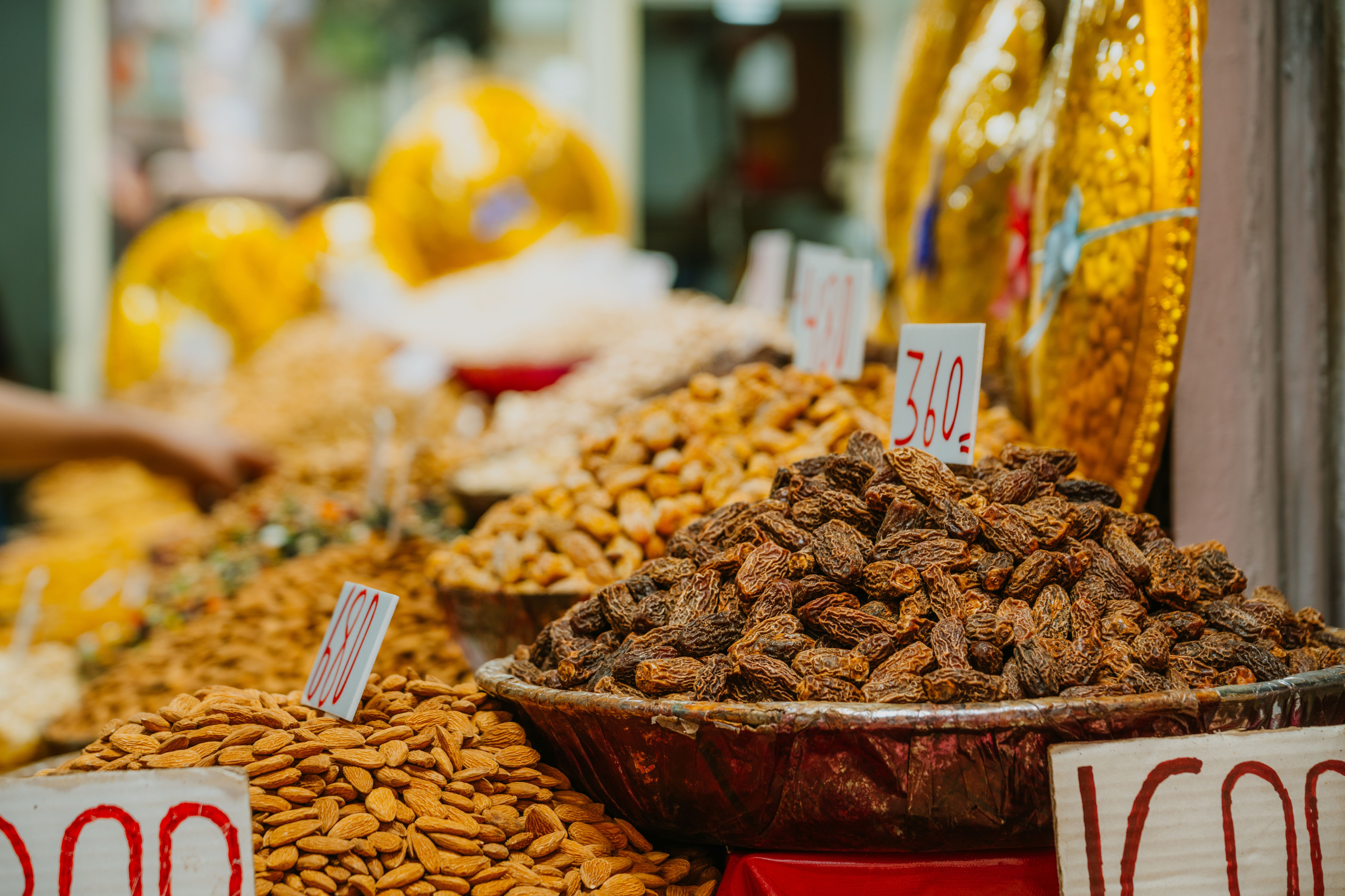 Dried Fruits and Nuts Display in a Bustling Market in Old Delhi