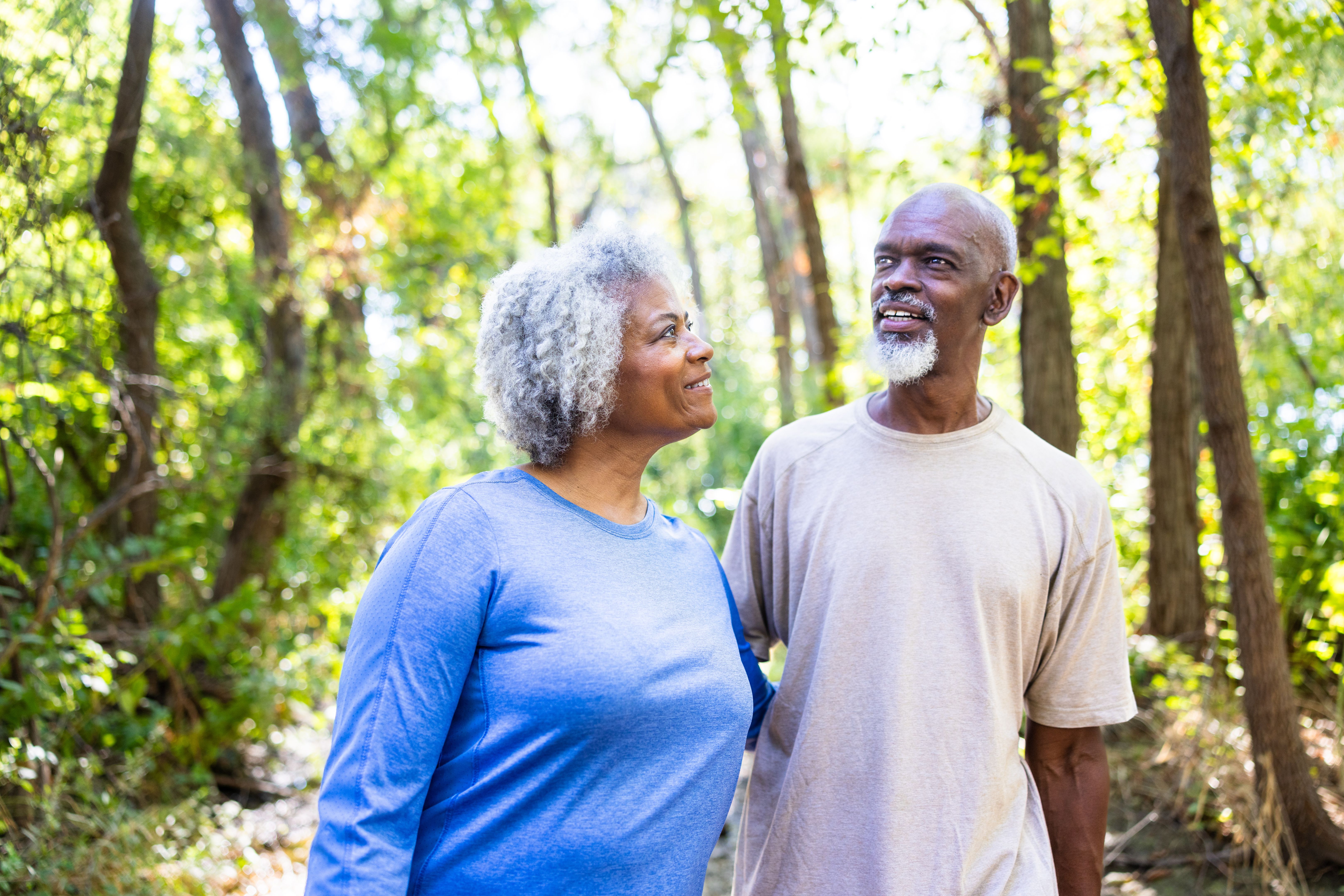 Active Senior Black Couple Hiking in Woods