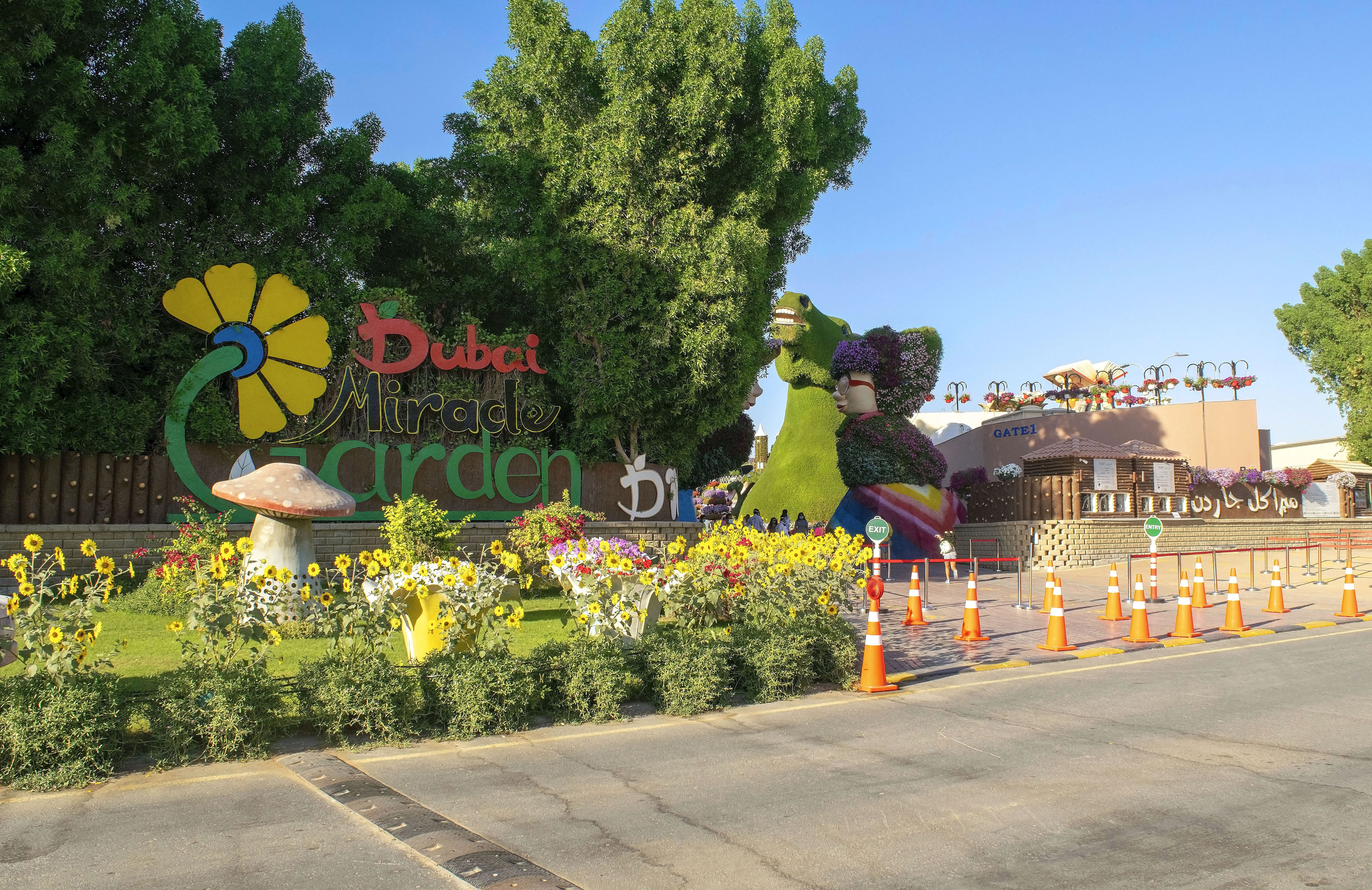 Dubai Miracle Garden background entrance, largest natural floral park in the world.
