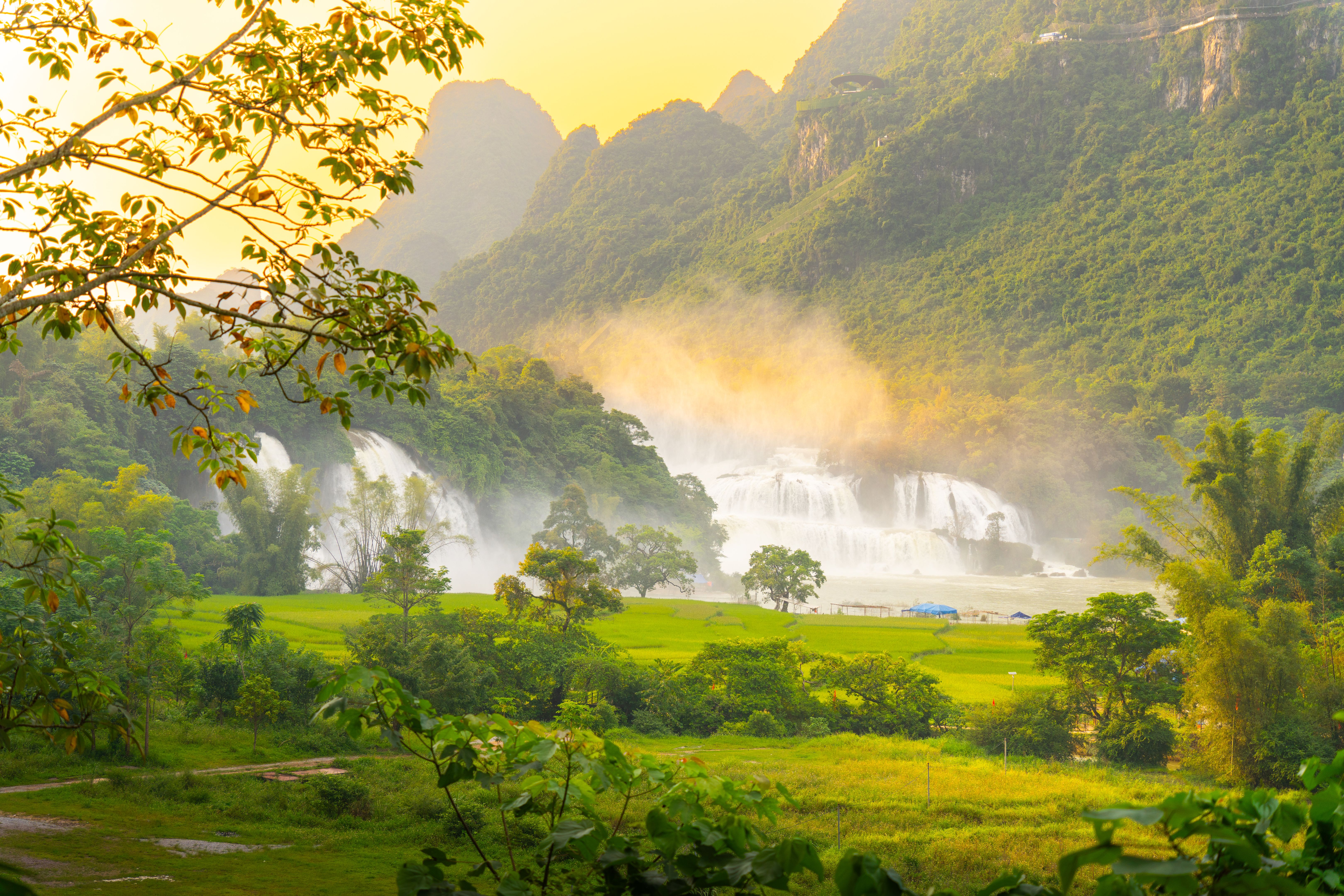 Aerial view of Ban Gioc Detian waterfall in Vietnam China border. The most beautiful and largest waterfall in Southeast Asia.