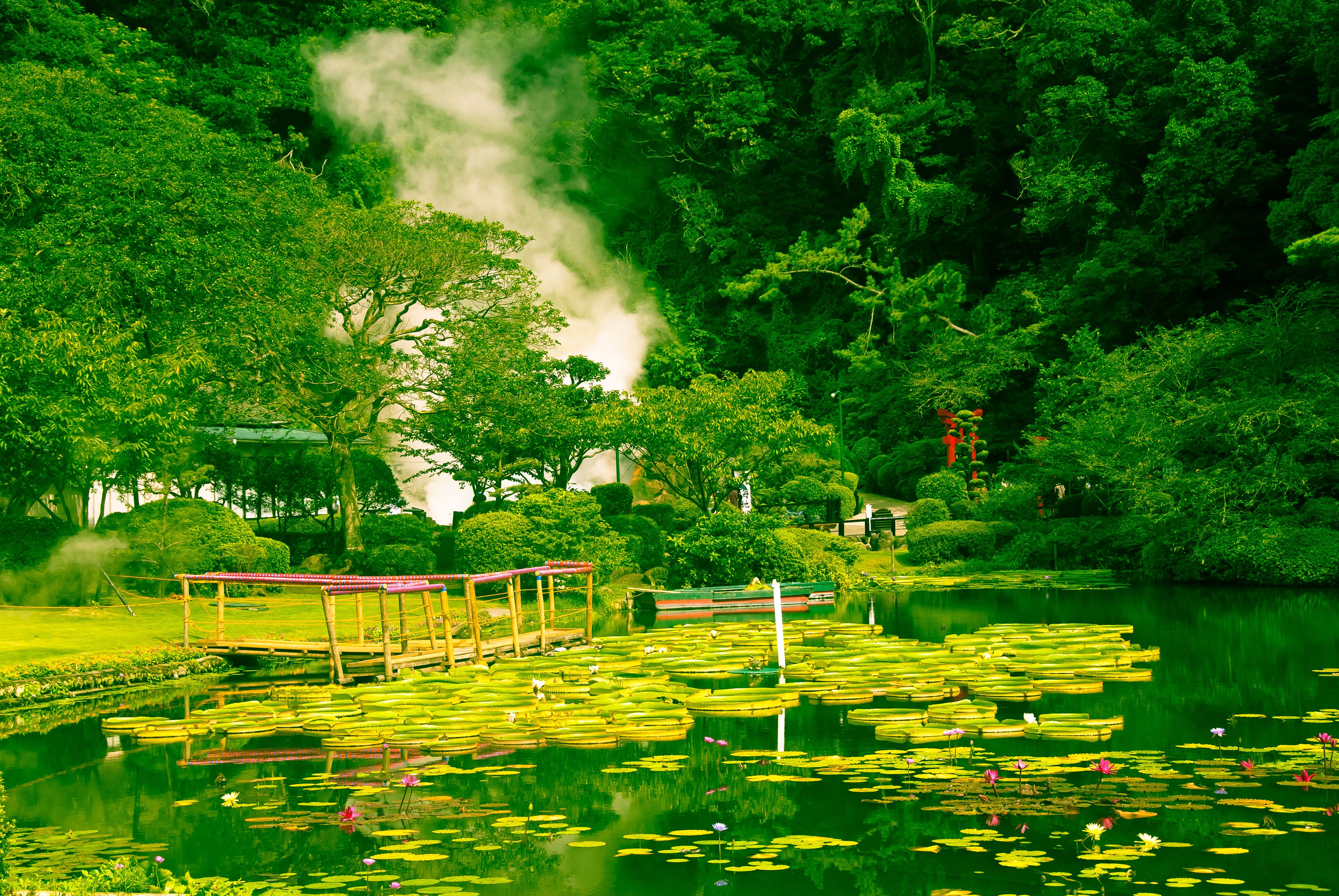 Japanese garden and hot spring around a pond