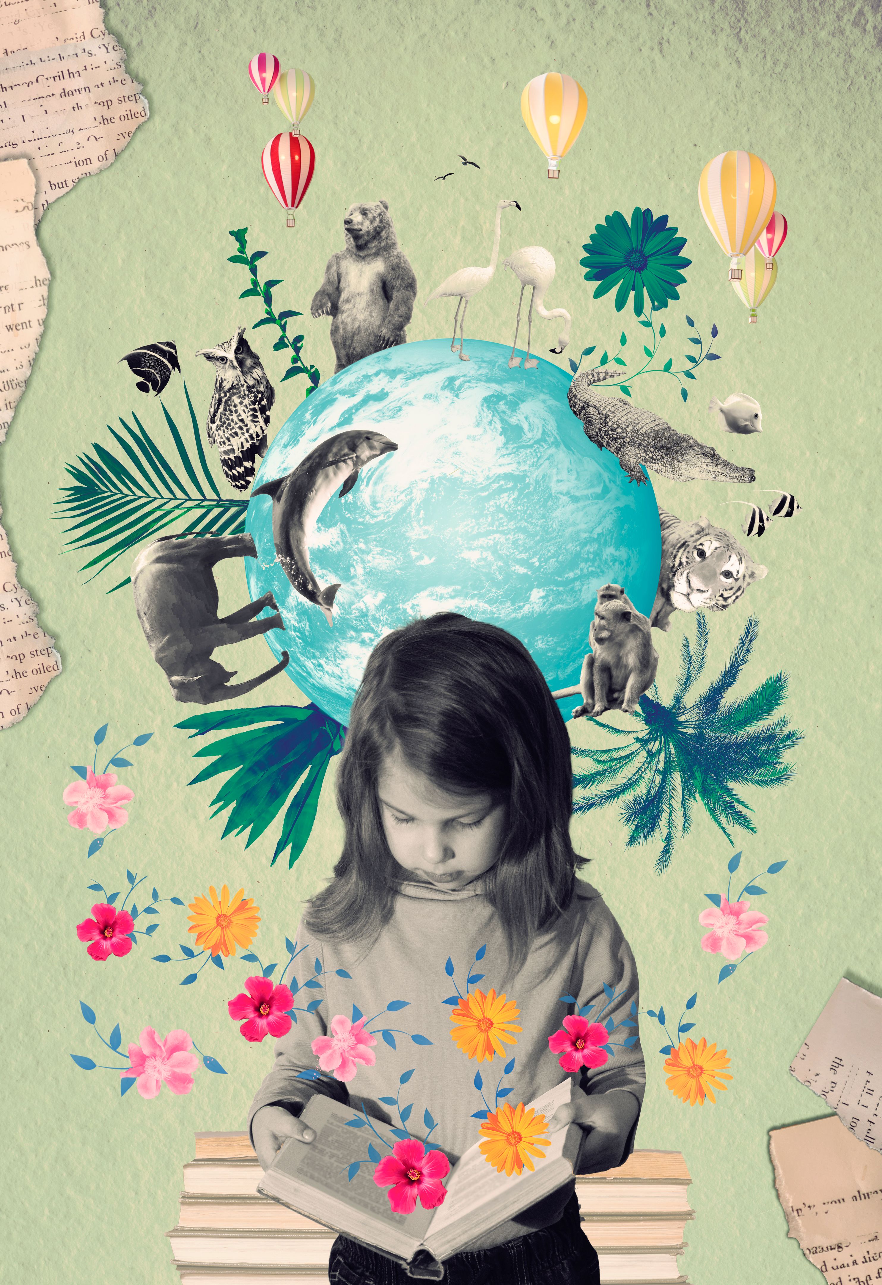 Knowledge concept. Calming book. Small child - little girl and blue sky Knowledge concept. Calming book. Small child - little girl and blue sky