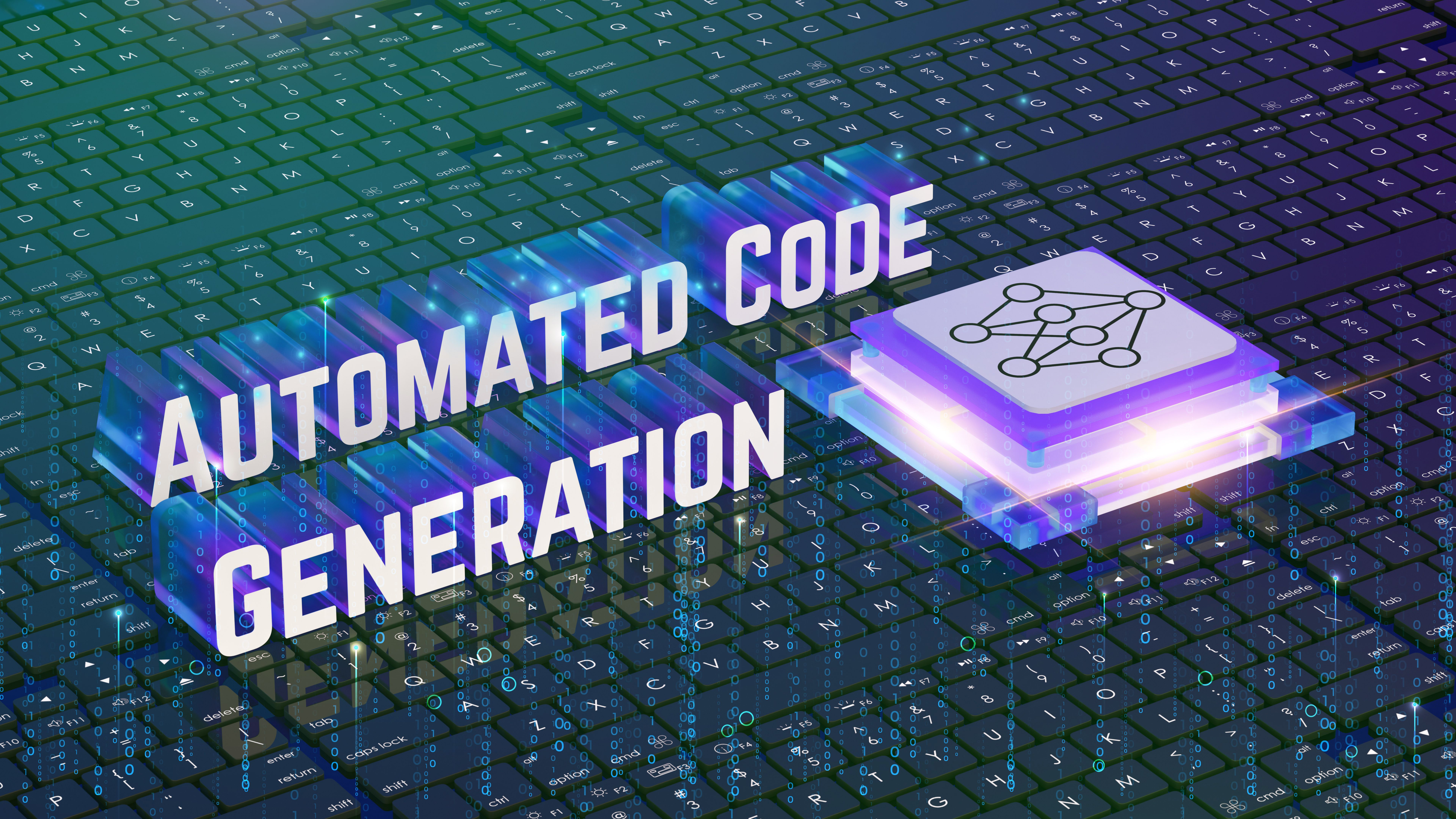 Automated code generation, glowing neon text, digital background, matrix-style letters, neural network icon, isometric 3D design, vibrant blue and purple, holographic effect, 3D render.