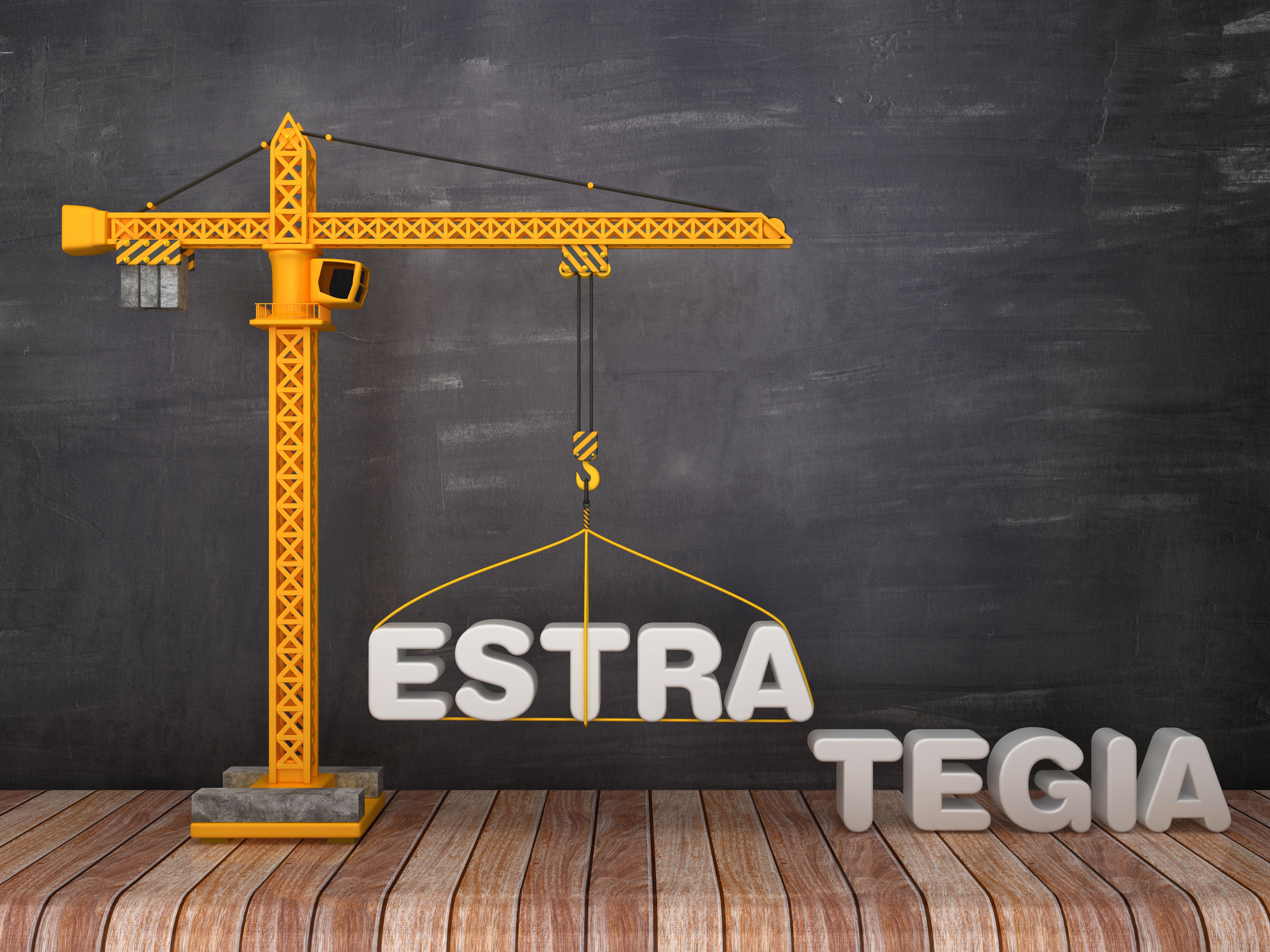 Tower Crane with ESTRATEGIA Word - Spanish Word - Chalkboard Background - 3D Rendering