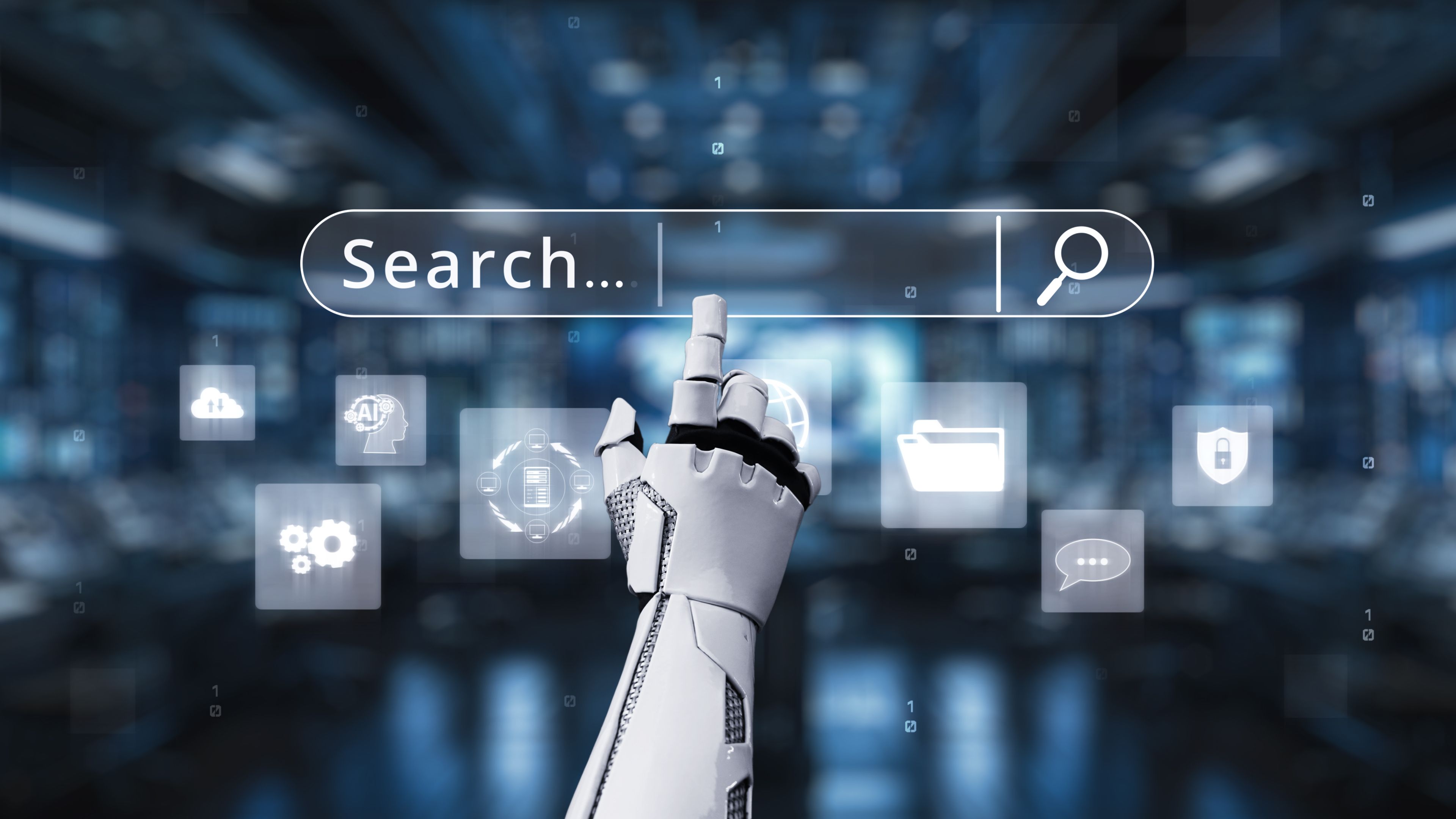 Futuristic Robot Hand Interacting with Virtual Search Bar Surrounded by Digital Icons and Data in High-Tech Environment. Auvana Futuristic Robot Hand Interacting with Virtual Search Bar Surrounded by Digital Icons and Data in High-Tech Environment. Auvana