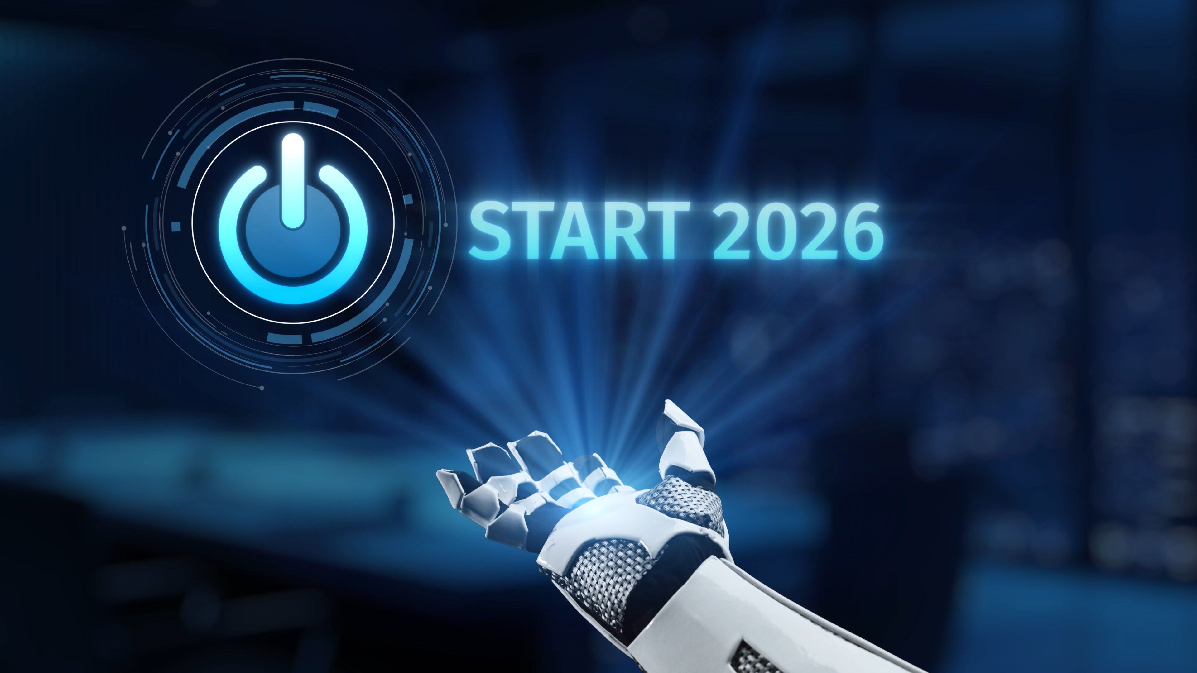 Futuristic robotic hand reaching out towards glowing power button symbol, representing technology and innovation as we approach the year 2026 Synapse
